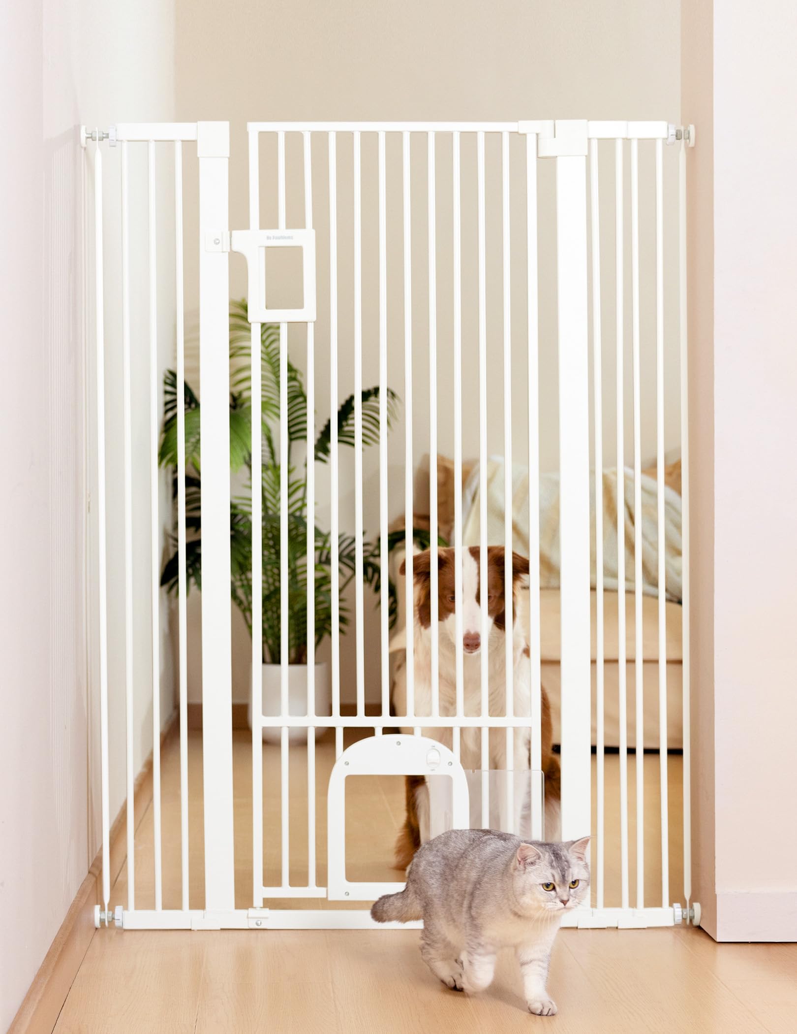 No Pawblems 55 Extra Tall Pet Gate with Adjustable Cat Door, 29-43 Auto Close Tall Dog Gate, NO Drilling Pressure Mounted for Do