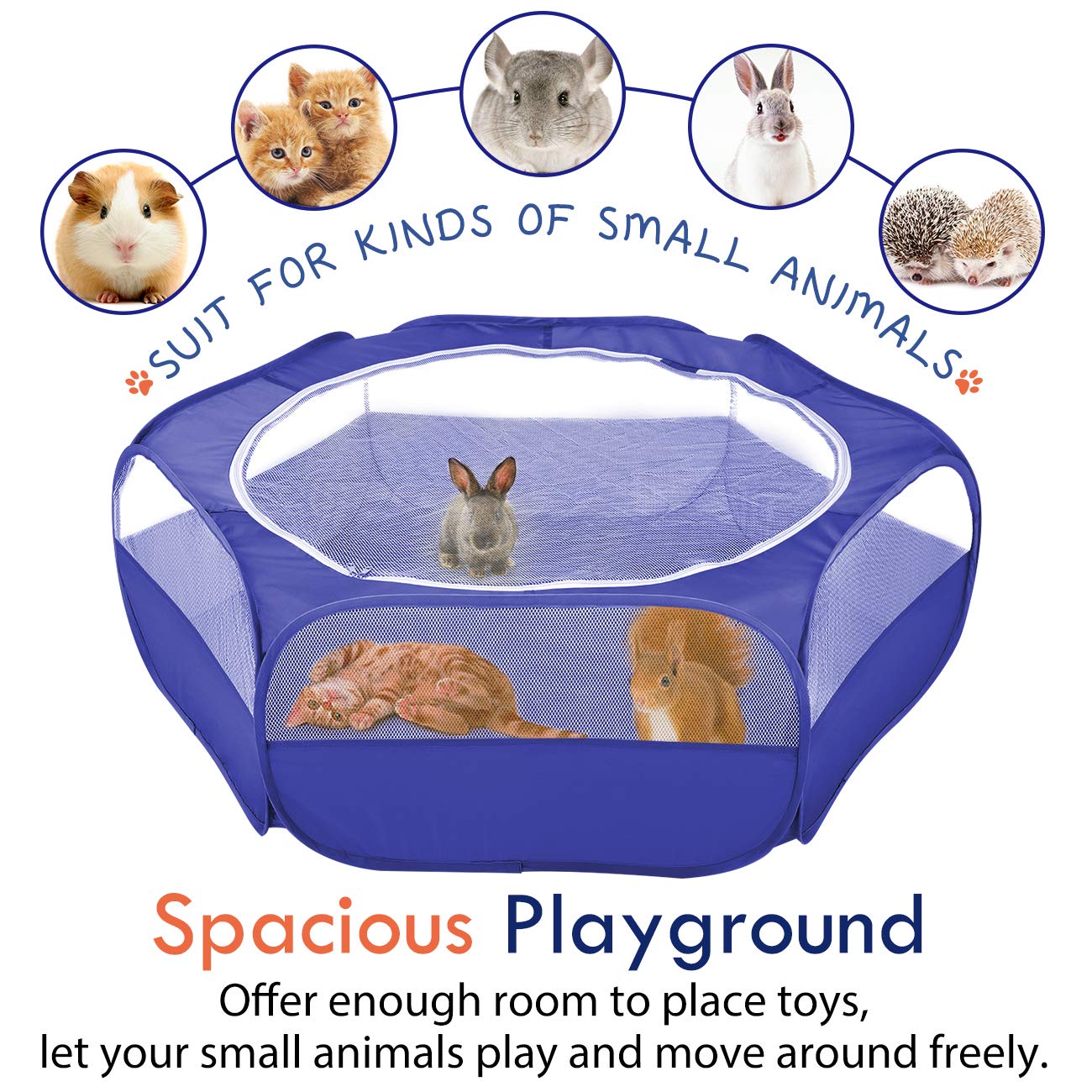 Pawaboo Small Animals Playpen, Waterproof Small Pet Cage Tent With Zippered Cover, Portable Outdoor Yard Fence With 3 Metal Rod For Kitten/Puppy/Guinea Pig/Rabbits/Hamster/Chinchillas, Indigo