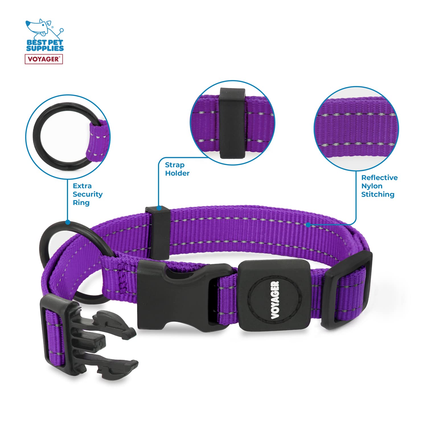 Voyager Reflective Dog Leash Collar Set With Neoprene Handle Supports Small, Medium, And Large Breed Puppies, Cute And Heavy Duty For Walking, Running, And Training - Purple, L