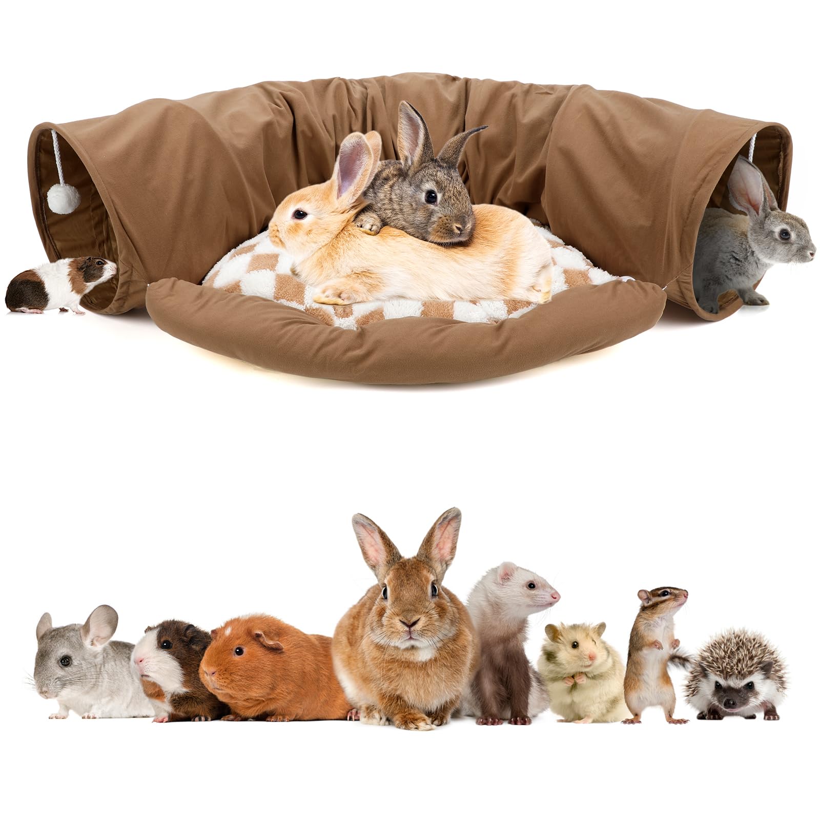Bwogue Bunny Tunnel Bed, 2-In-1 Collapsible Tunnel Tubes Toys With Removable Mat Hideout For Cats Kittens Rabbits Guinea Pigs Ki