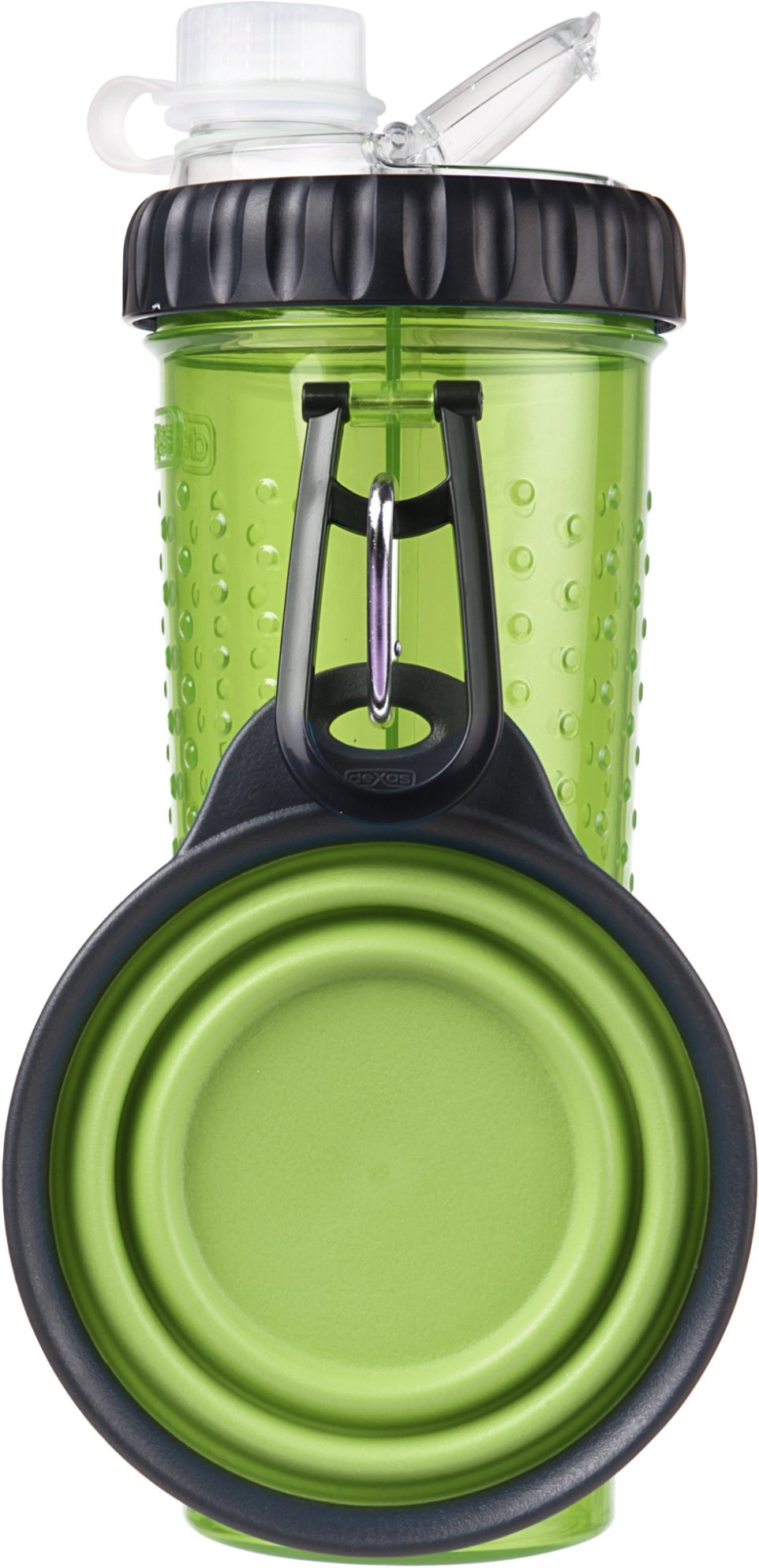 Dexas Popware for Pets Snack Duo Dual Chambered Hydration Bottle and Snack Container with Collapsible Pet Cup, Green