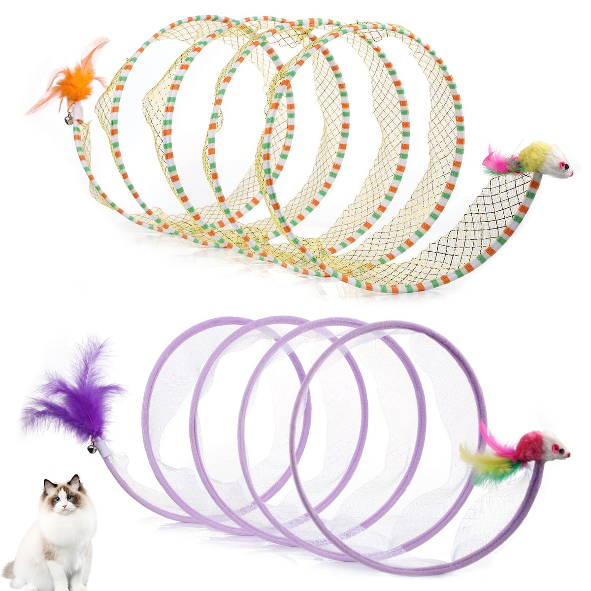 2Pcs, Folded Cat Tunnel Spring, 10In Large Size Portable Cat Toy Spiral Tunnel, With Synthetic Feather And Toy Mouse Tunnel Spring Outdoor Puppy Kitten Generic (Striped Yellow, Purple)