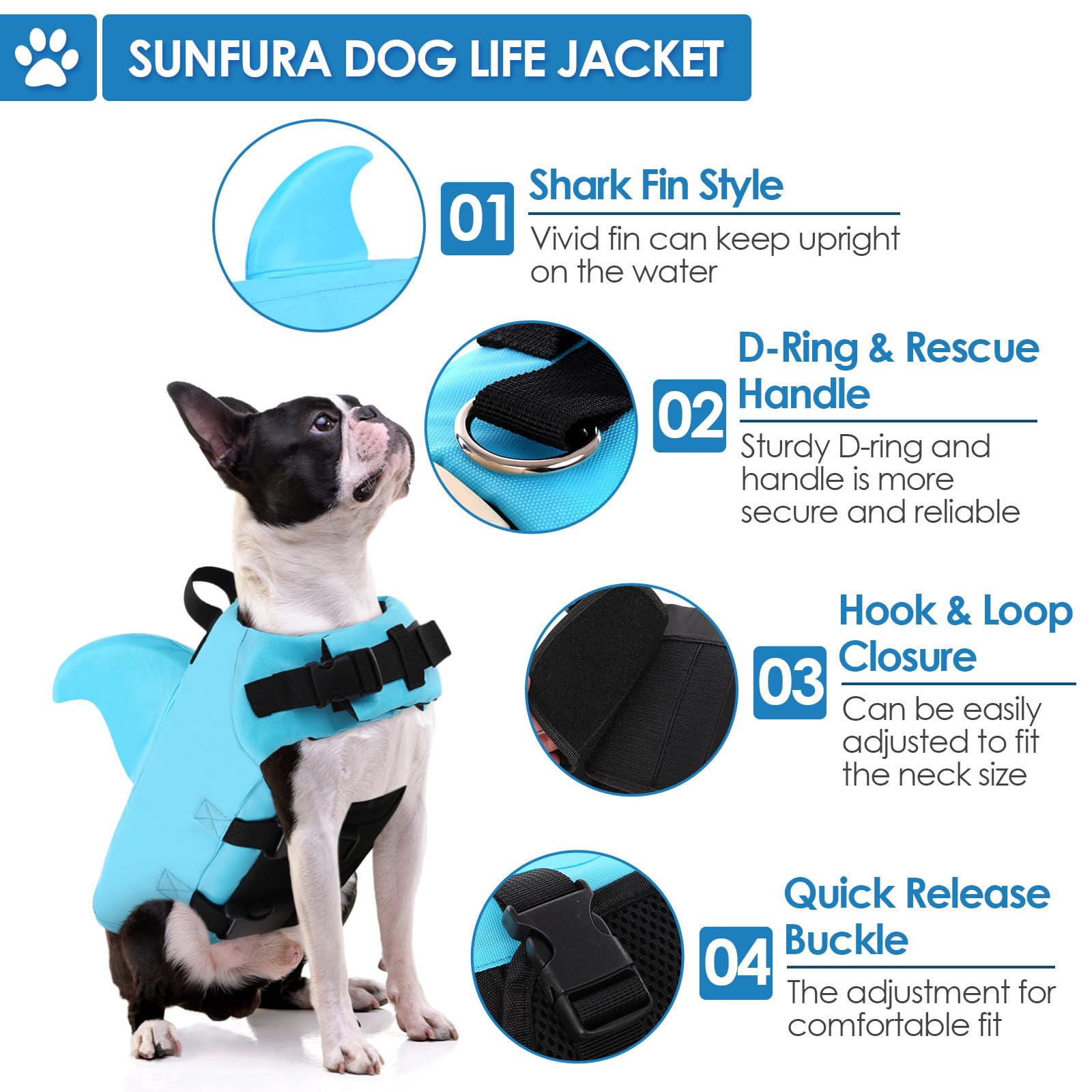 Sunfura Medium Dog Life Jacket, Shark Fin Pet Swimming Vest For Boating, Puppy Life Preserver With High Buoyancy & Rescue Handle, French Bulldog Lifesaver Swimsuit For Medium Dogs, Blue M