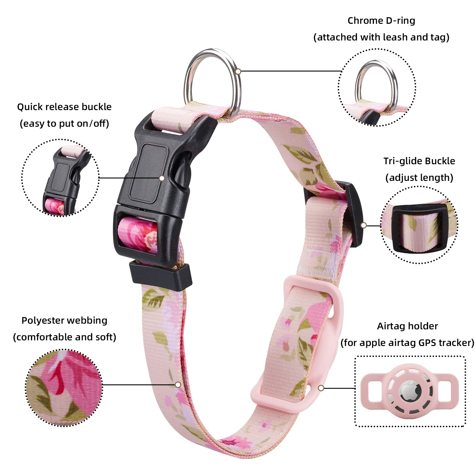 Konity Airtag Dog Collar, Compatible With Apple Airtag, Polyester Pet Cat Puppy Collar With Silicone Airtag Holder For Small, Medium, Large, & Extra Large Dogs, Pink Rose, S: 9.8''-15.7'' Neck