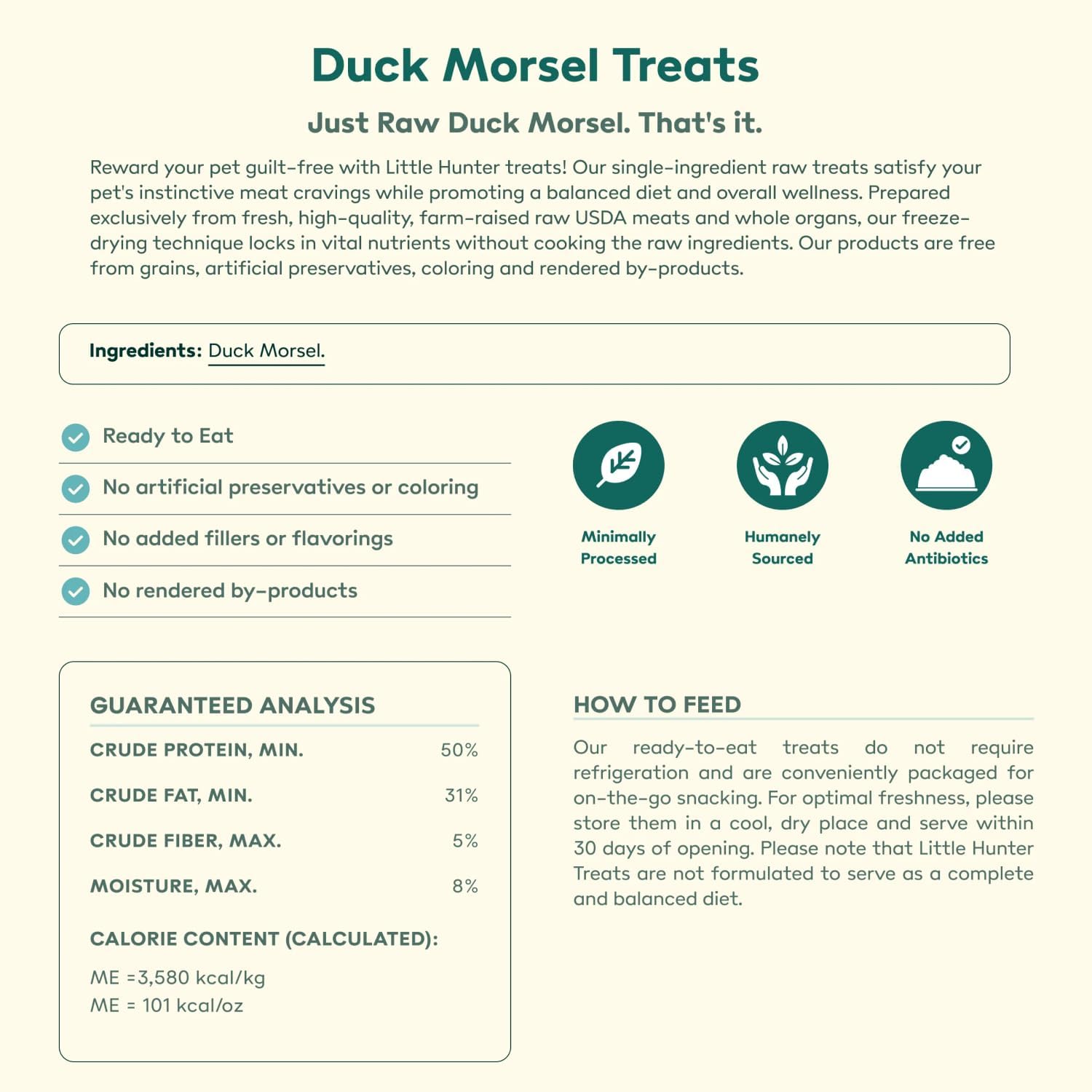 Little Hunter Freeze Dried Dog Treats - Duck Morsel - Raw Single Ingredient Duck Morsel Dog Treats for Snacks, Training, Dog Foo
