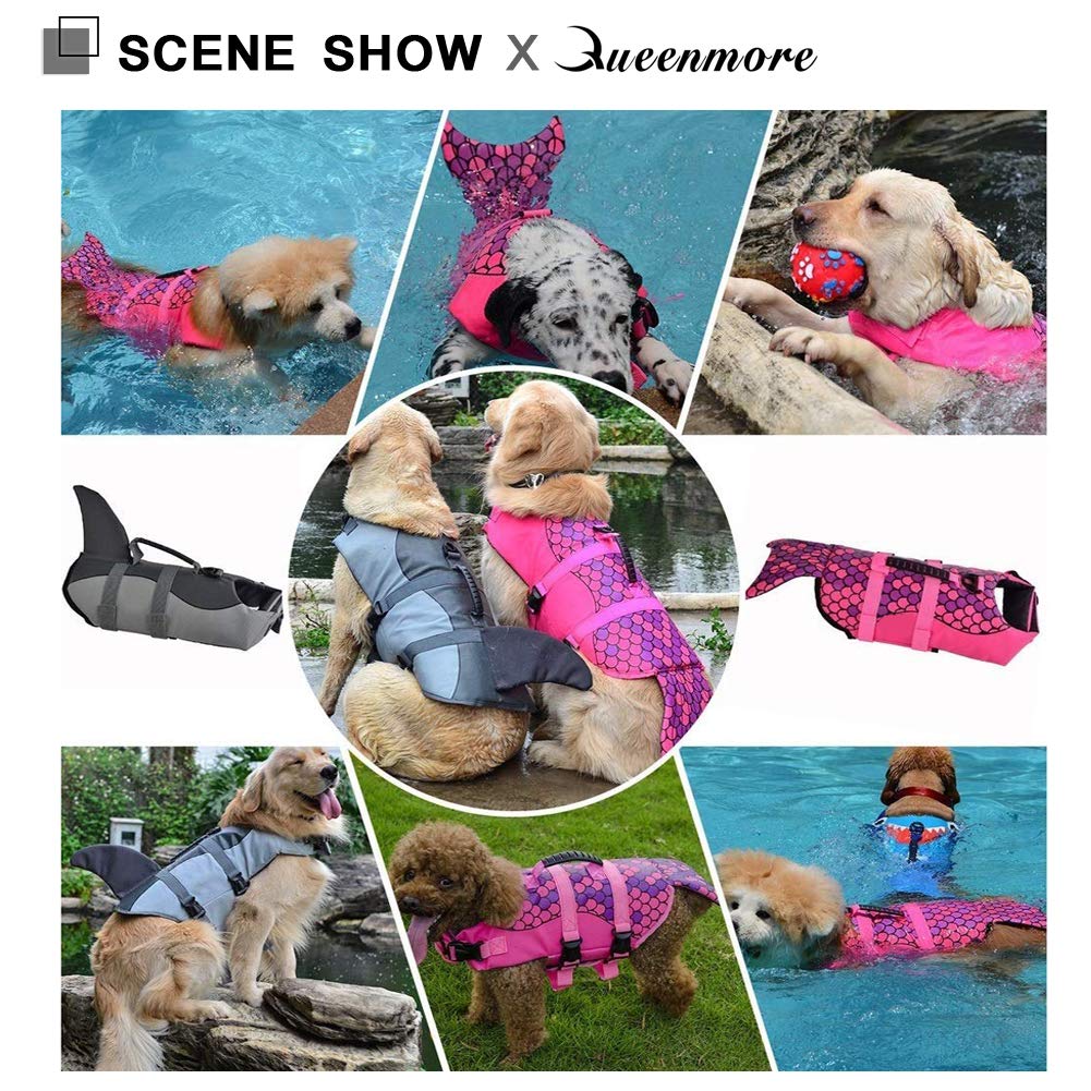 Queenmore Dog Life Jacket Ripstop Shark Dog Safety Vest Adjustable Preserver With High Buoyancy And Durable Rescue Handle For Small,Medium,Large Dogs, Grey Shark X-Small