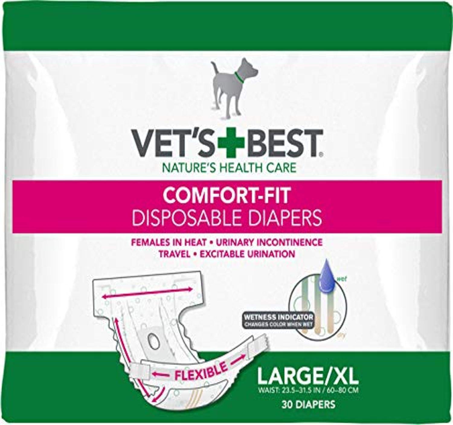 Vets Best Comfort Fit Dog Diapers - Disposable Female Dog Diapers - Absorbent with Leak Proof Fit - Large/X-Large, 30 Count