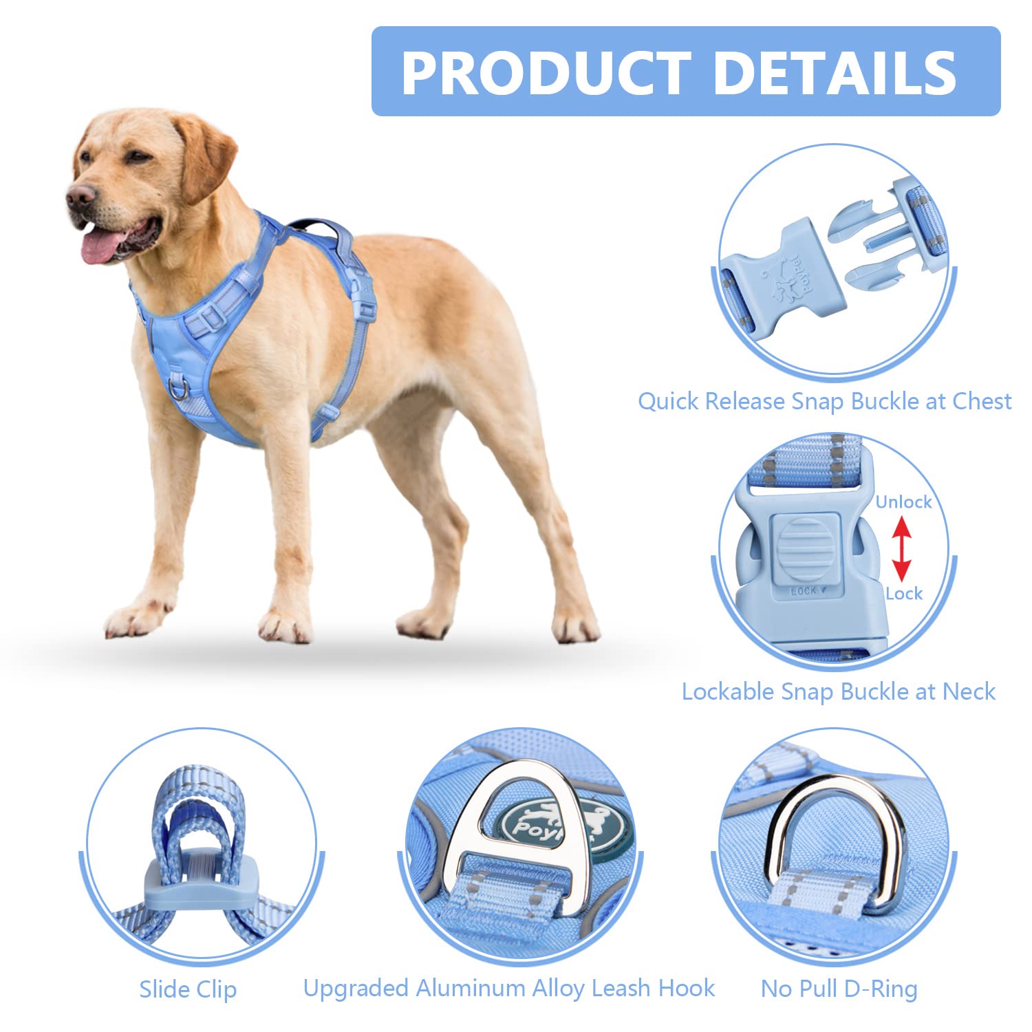 Poypet No Pull Dog Harness, No Choke Reflective Dog Vest, Adjustable Pet Harnesses With Easy Control Padded Handle For Small Medium Large Dogs(Light Blue Matching Trim,Xl)