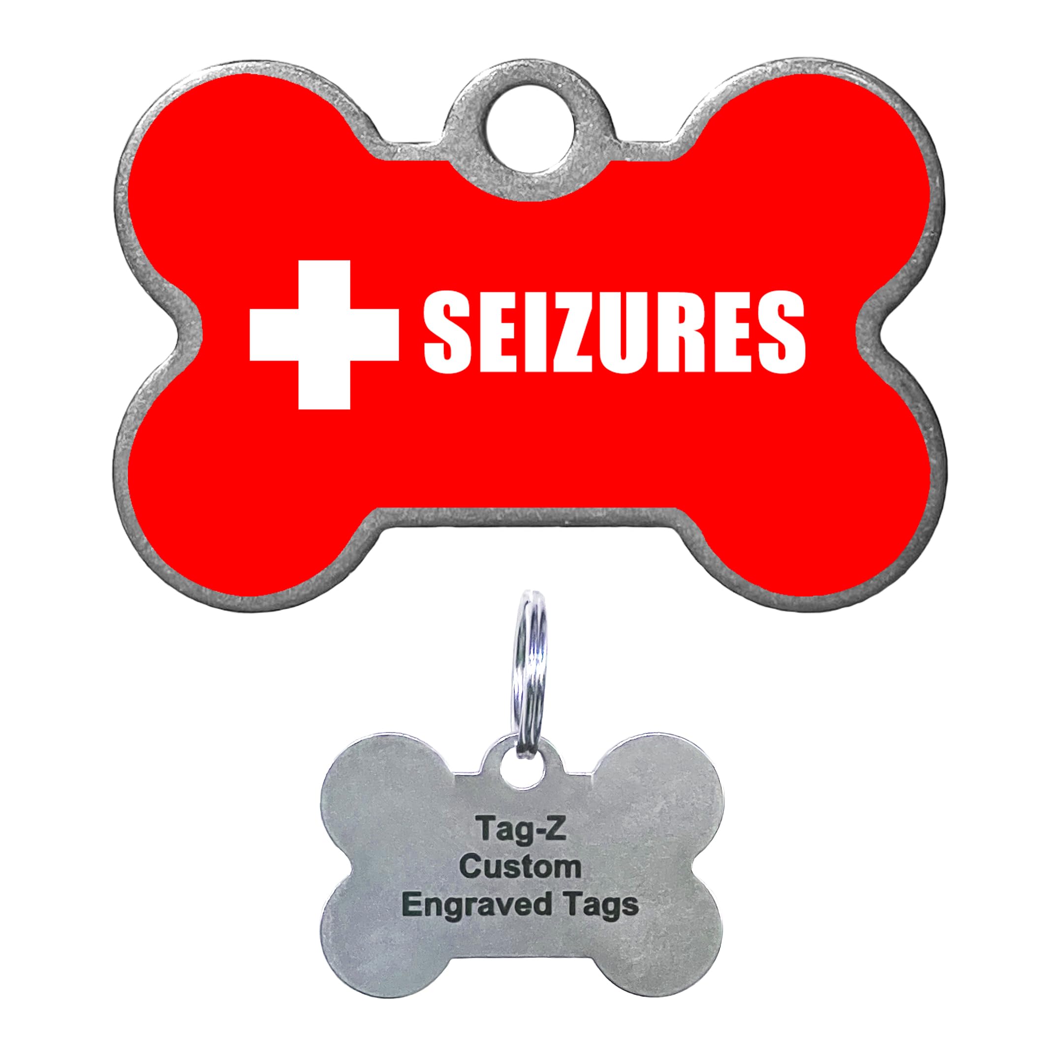 Seizures Medical Alert Pet Id Tags, Custom Printed And Laser Engraved, Stainless Steel Bone Shape Includes Split Ring And Silencer