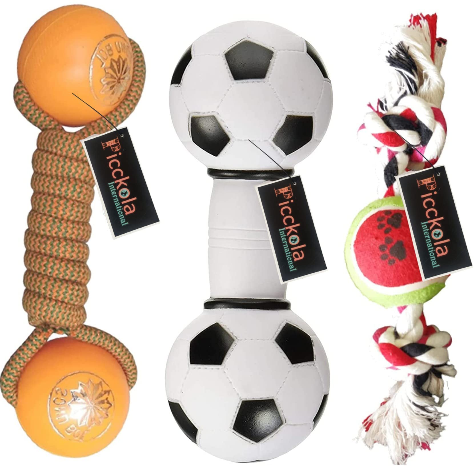 Picckola International 3 Toy Combo  Squeaky Toy Football I Plastic Ball Dumbbell I 2 Knot with Tennis Ball Chew Toys for Small 