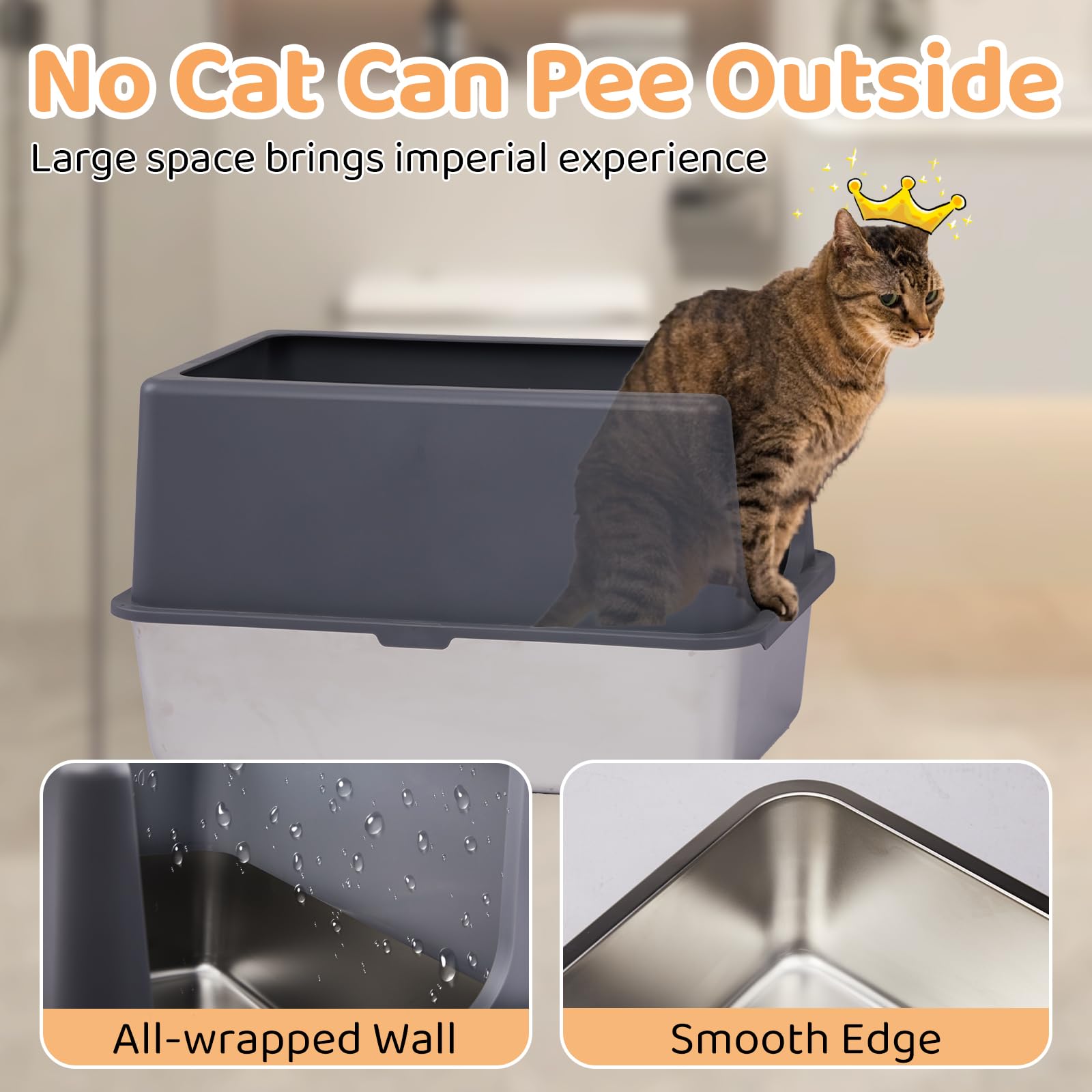 Outvita Enclosed Stainless Steel Cat Litter Box With Lid, Xl Metal Litter Box With Mat And Scoop, High Side To Prevent Spills, N