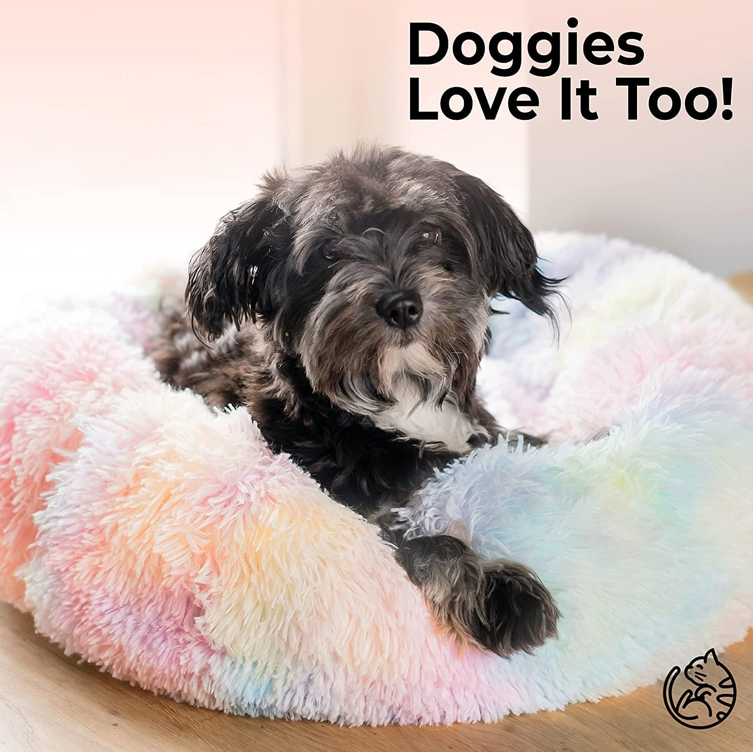 Cat Beds For Indoor Cats - Cat Bed Washable 20/24 Inches, Dog Beds For Small Medium Dogs, Anti Anxiety Round Fluffy Plush Faux Fur Cat Bed, Thick Bottom (Rainbow, Medium)