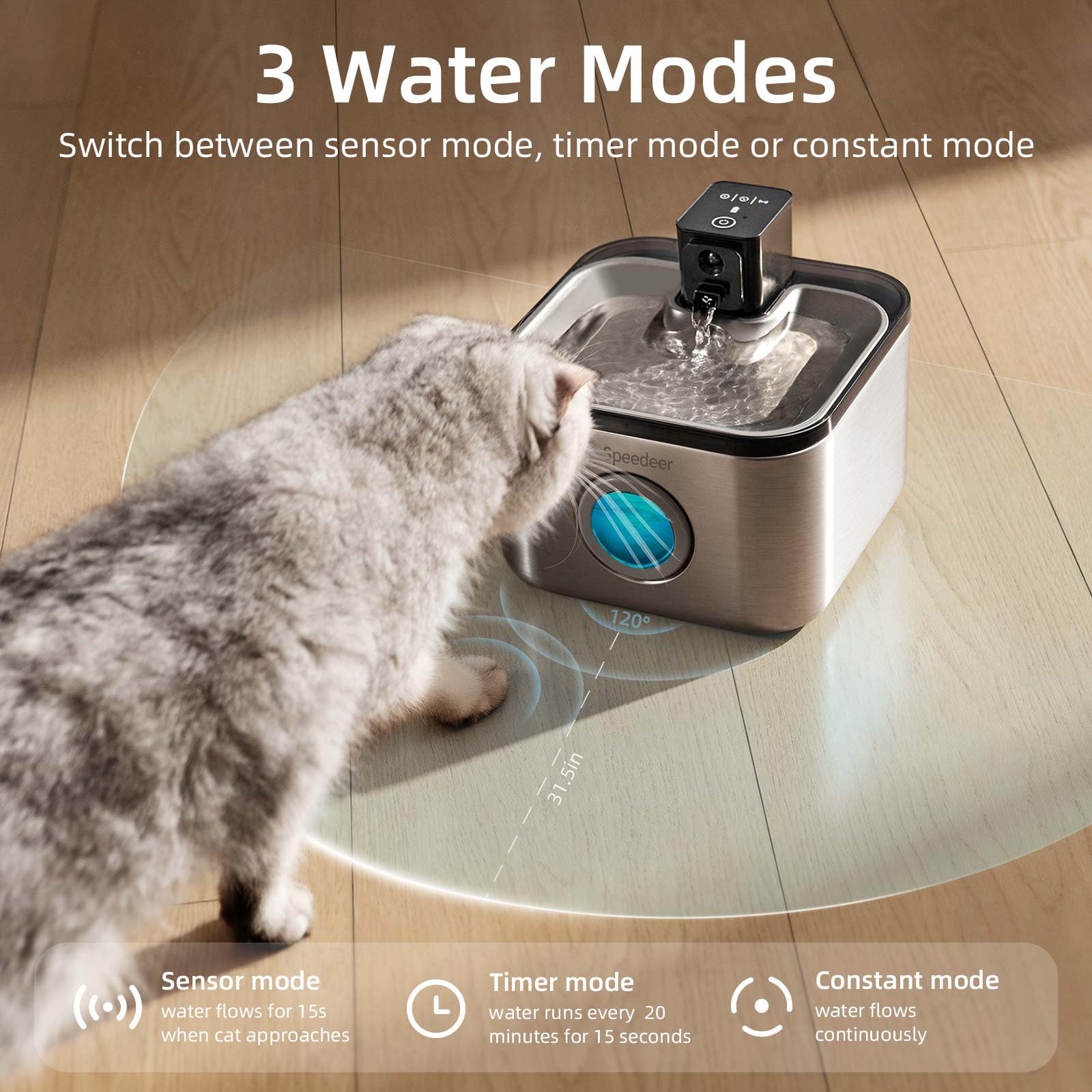 Speedeer Wireless Cat Water Fountain Stainless Steel, 135oz/4L Pet Fountain Battery Operated, Cordless Running Water Dispenser f
