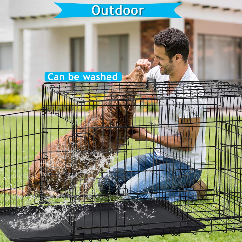 Dkeli 42 Dog Crate Kennel Cage - Portable, Foldable, Double Door Wire Metal Pet Cage with ABS Tray & Divider, Black