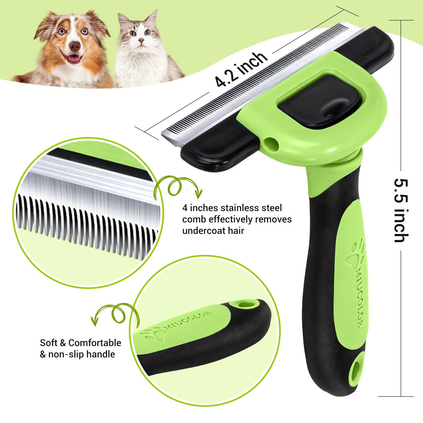 Miu Color Pet Grooming Brush, Deshedding Tool For Dogs & Cats, Effectively Reduces Shedding By Up To 95% For Short Medium And Long Pet Hair,Apple Green