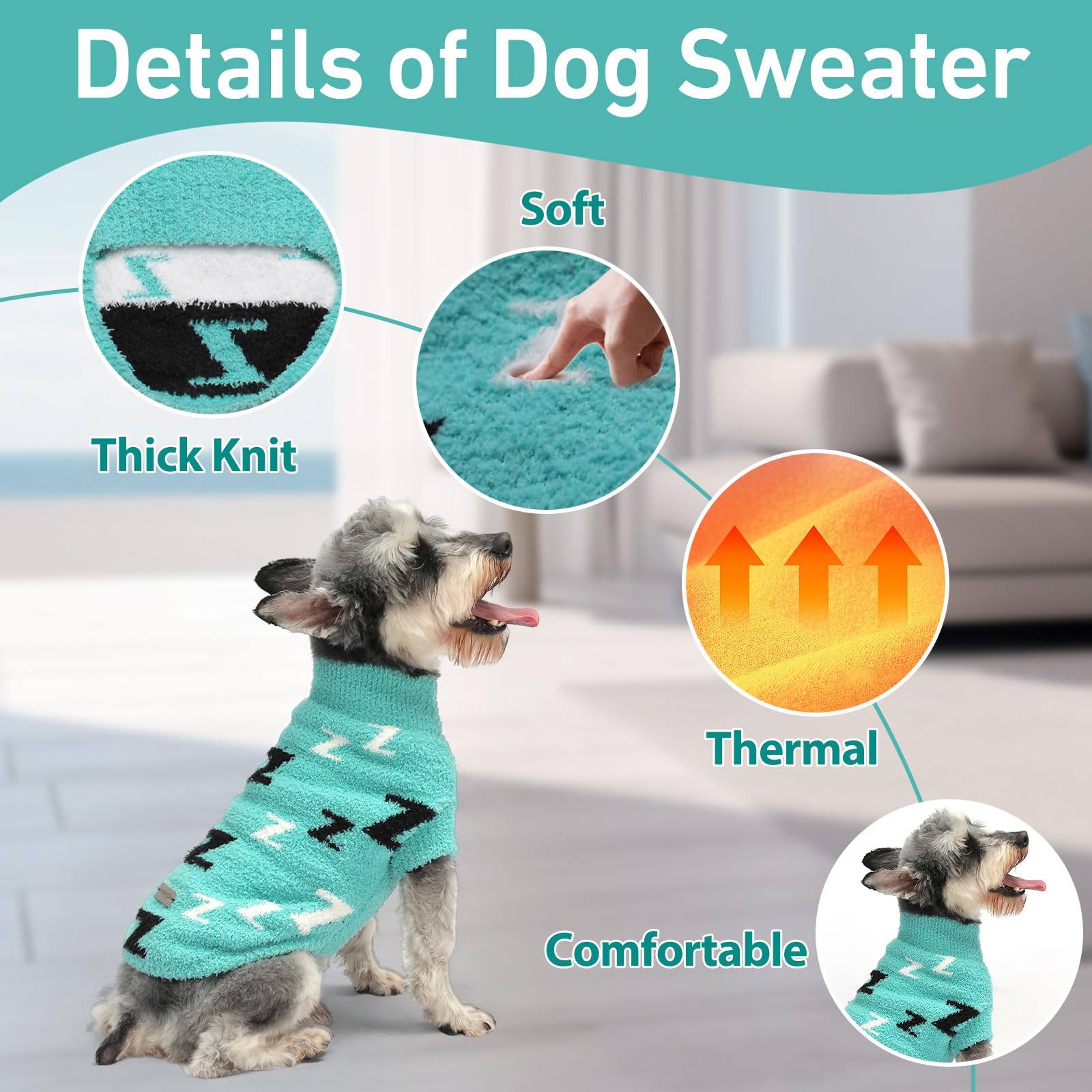 Mengmengda Dog Sweaters For Small Dogs Girls Boys Cold Weather Cable Knitwear Thick Warm Outfits Dog Clothes For Chihuahua Bulldog Dachshund Pug Yorkie Schnauzer Cat Sweaters (Turquoise-Xs)