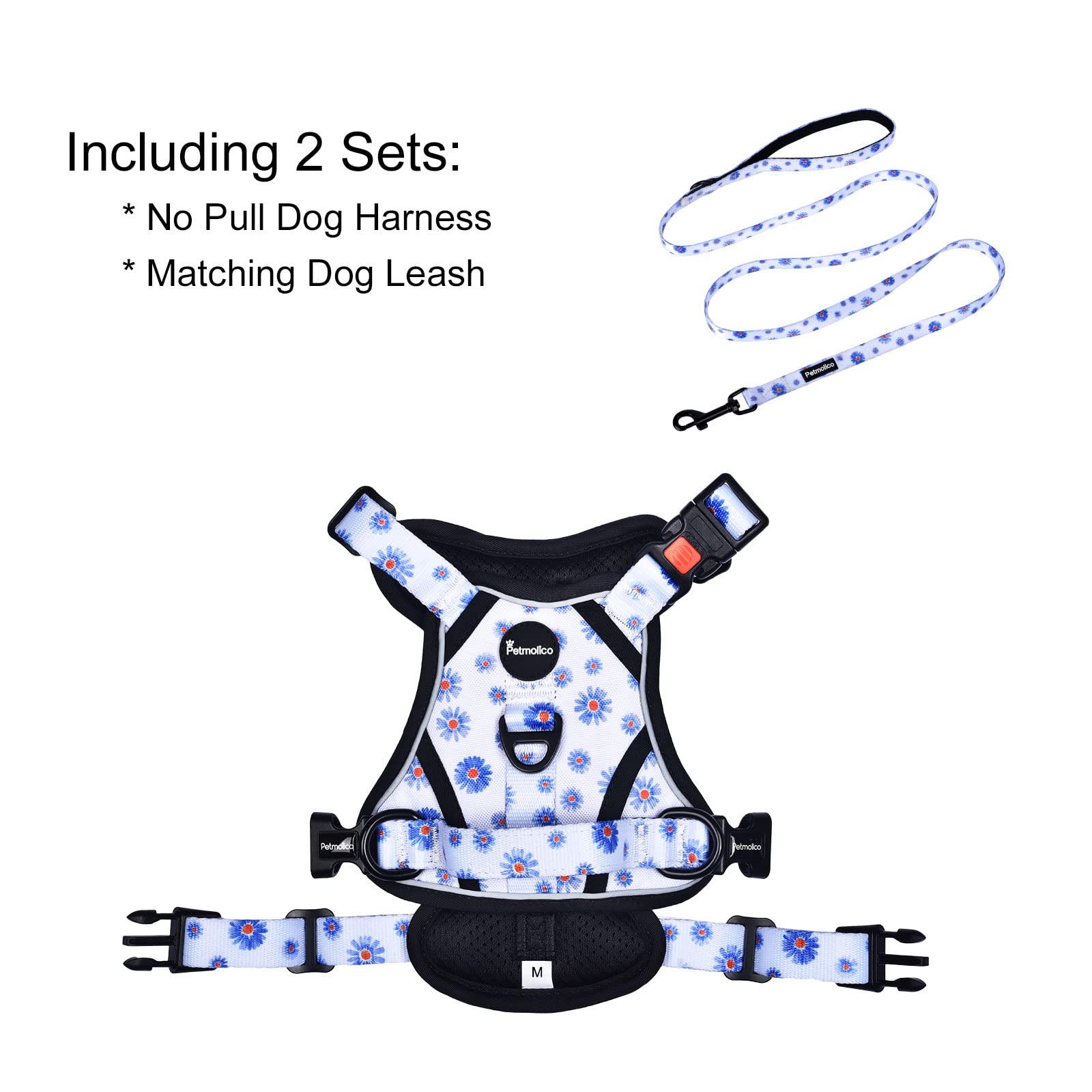 Petmolico No Pull Dog Harness & Leash Set, Medium Daisy, Soft Padded, Reflective, 2 Leash Attachments, Easy Control Handle, Model PT334