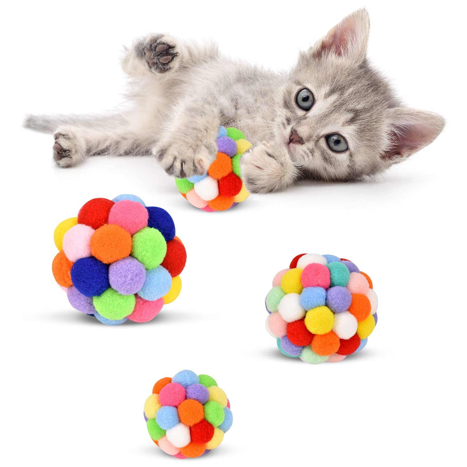 Tusatiy Cat Toy Balls With Bell 3Pcs, Colorful Soft Fuzzy Balls Built-In Bell For Cats, Interactive Playing Chewing Toys For Indoor Cats And Kittens