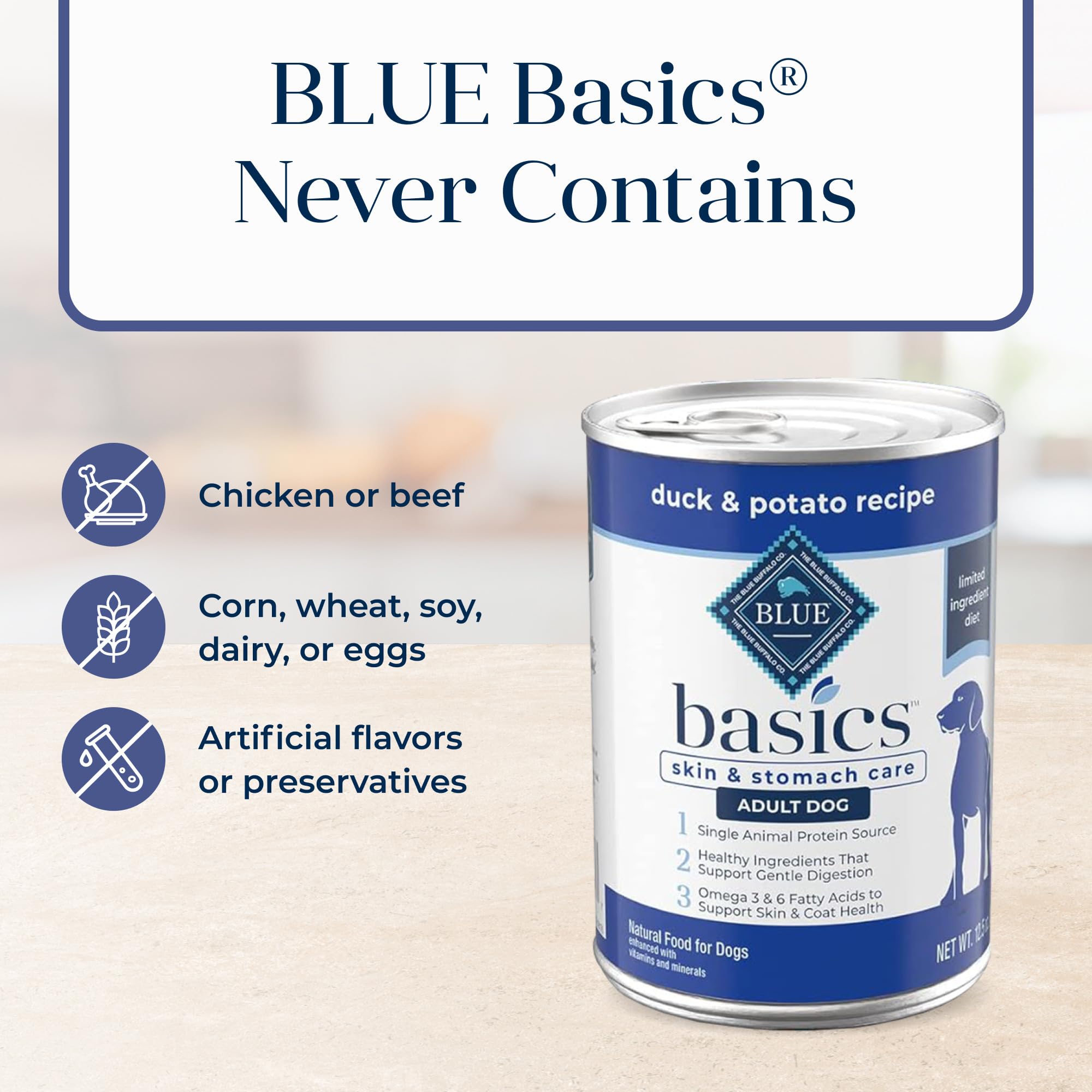 Blue Buffalo Basics Adult Grain-Free Wet Dog Food for Skin & Stomach Care, Limited Ingredient Diet, Duck & Potato Recipe, 12.5-o