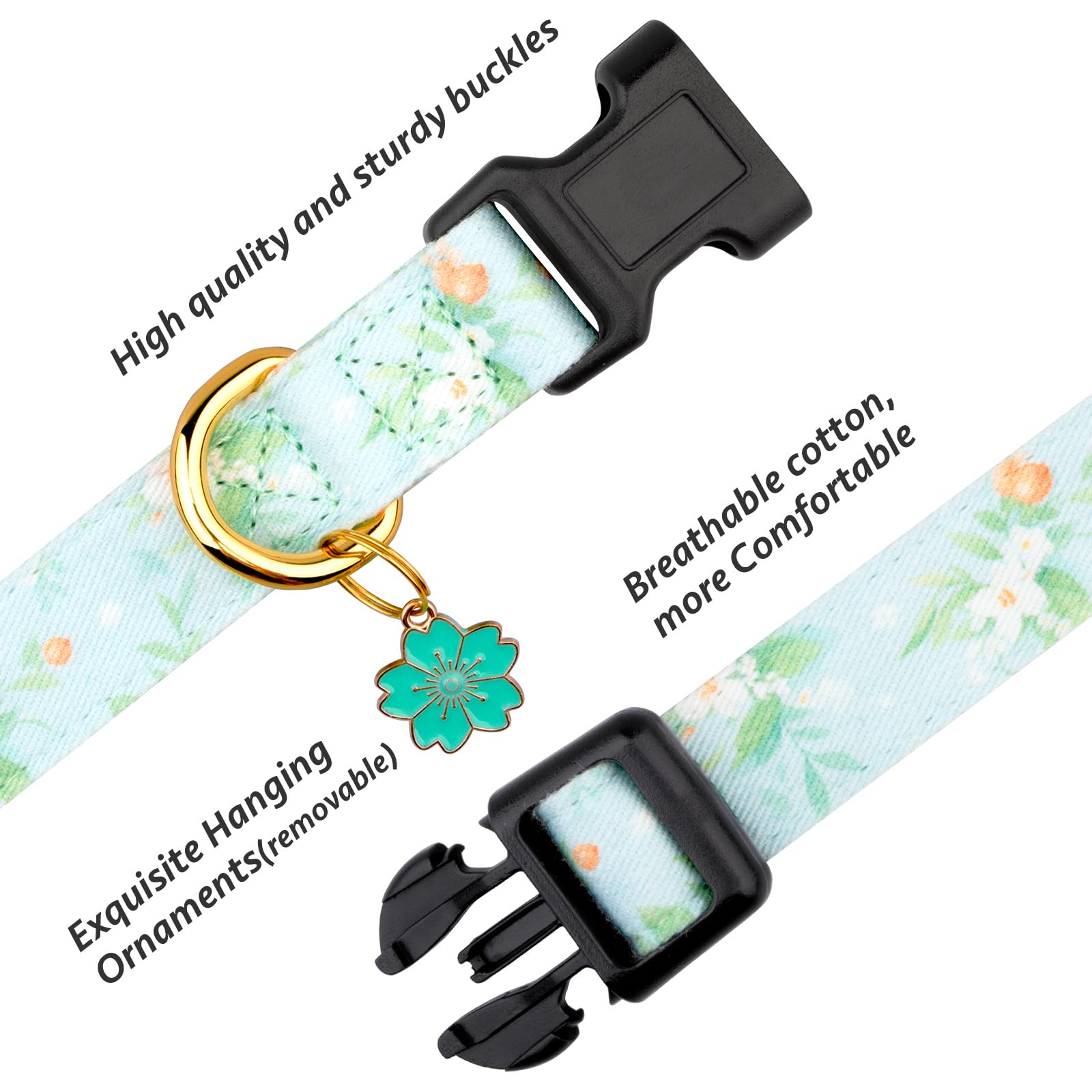 Cotton Handmade Dog Collar Cute And Distinctive Patterns Light Green Flower With Pendant For Girl Boy Dogs Collars L