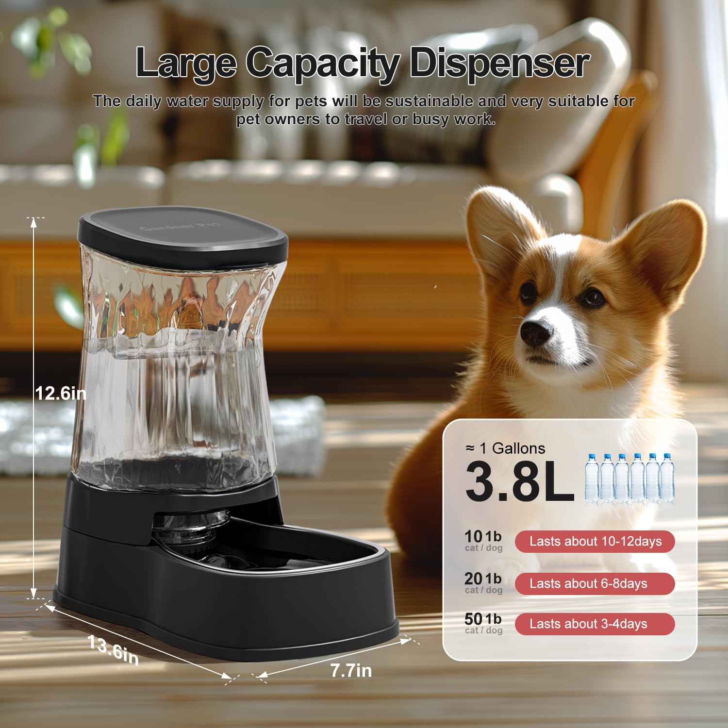 Gardner Pet Automatic Dog Water Dispenser Gravity Stainless Steel Water Waterer Feeder, 100% Bpa-Free Large Capacity Water Feedi