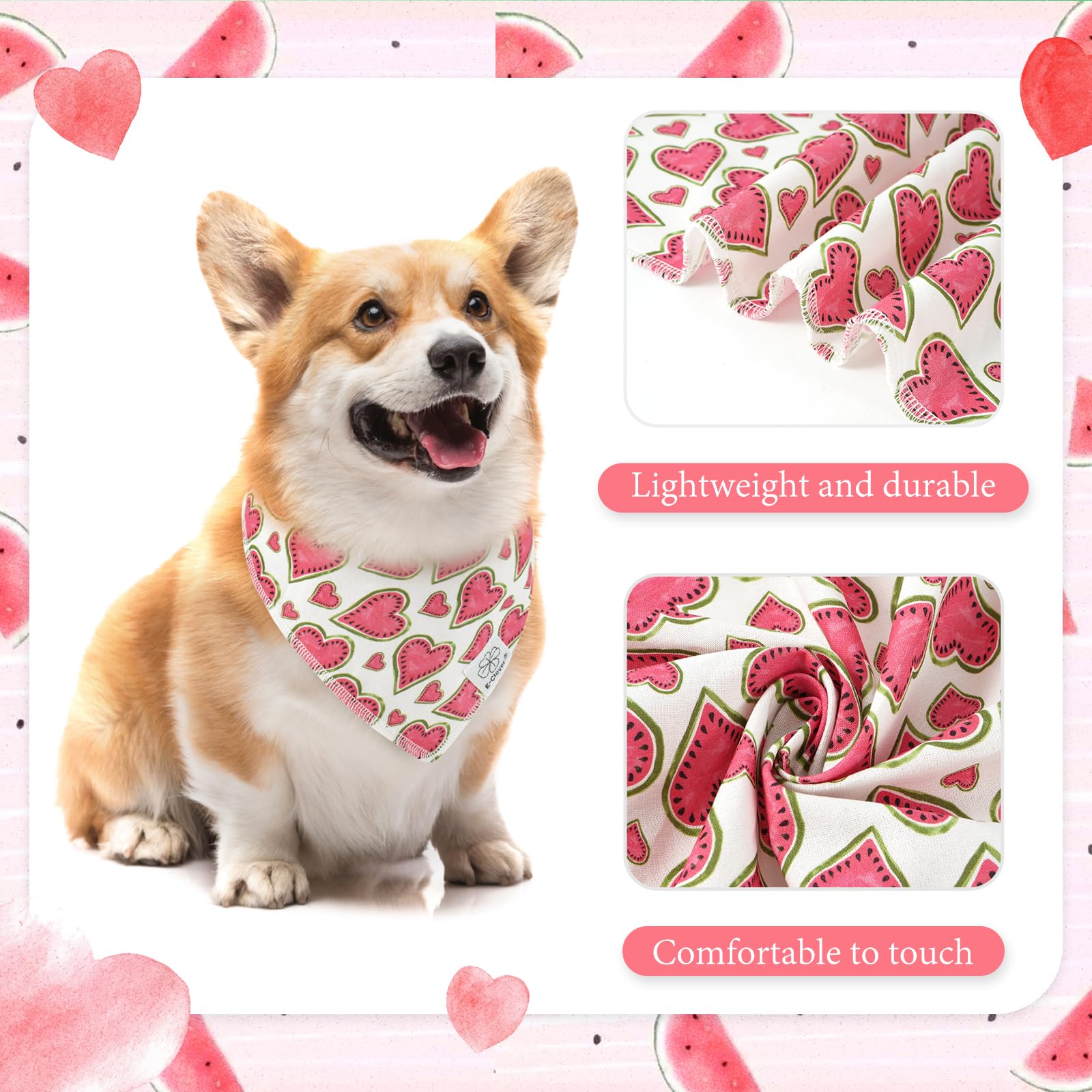 E-Clover Pink Watermelon Dog Bandanas & Matching Scrunchie Set Cute Heart Dog Scarf Bibs Pet Bandana With Bow Tie For Small Dogs