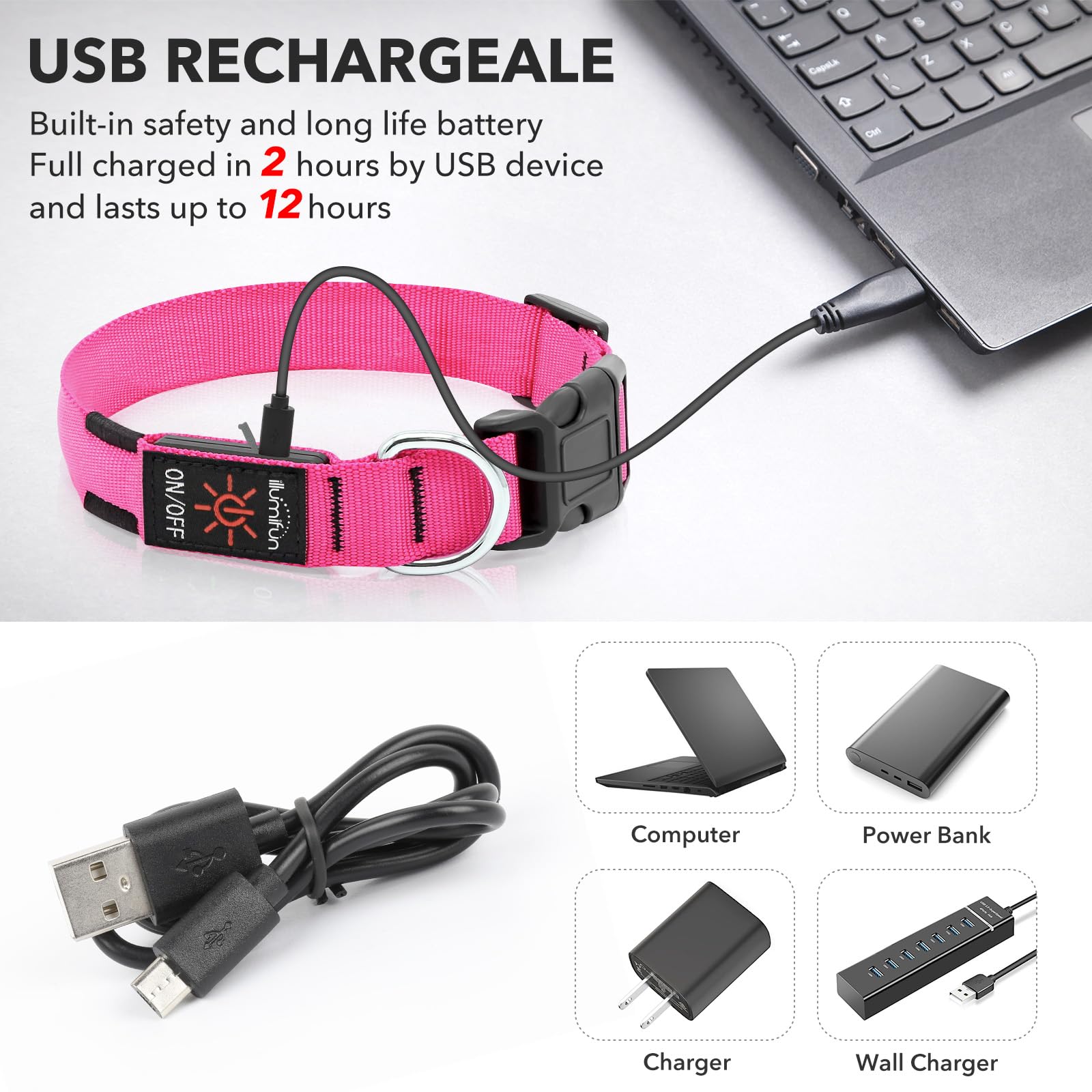 Illumifun LED Dog Collar USB Rechargeable Light Up Dog Collar, Water-Resistant Adjustable Safety Collar Light for Small Medium L