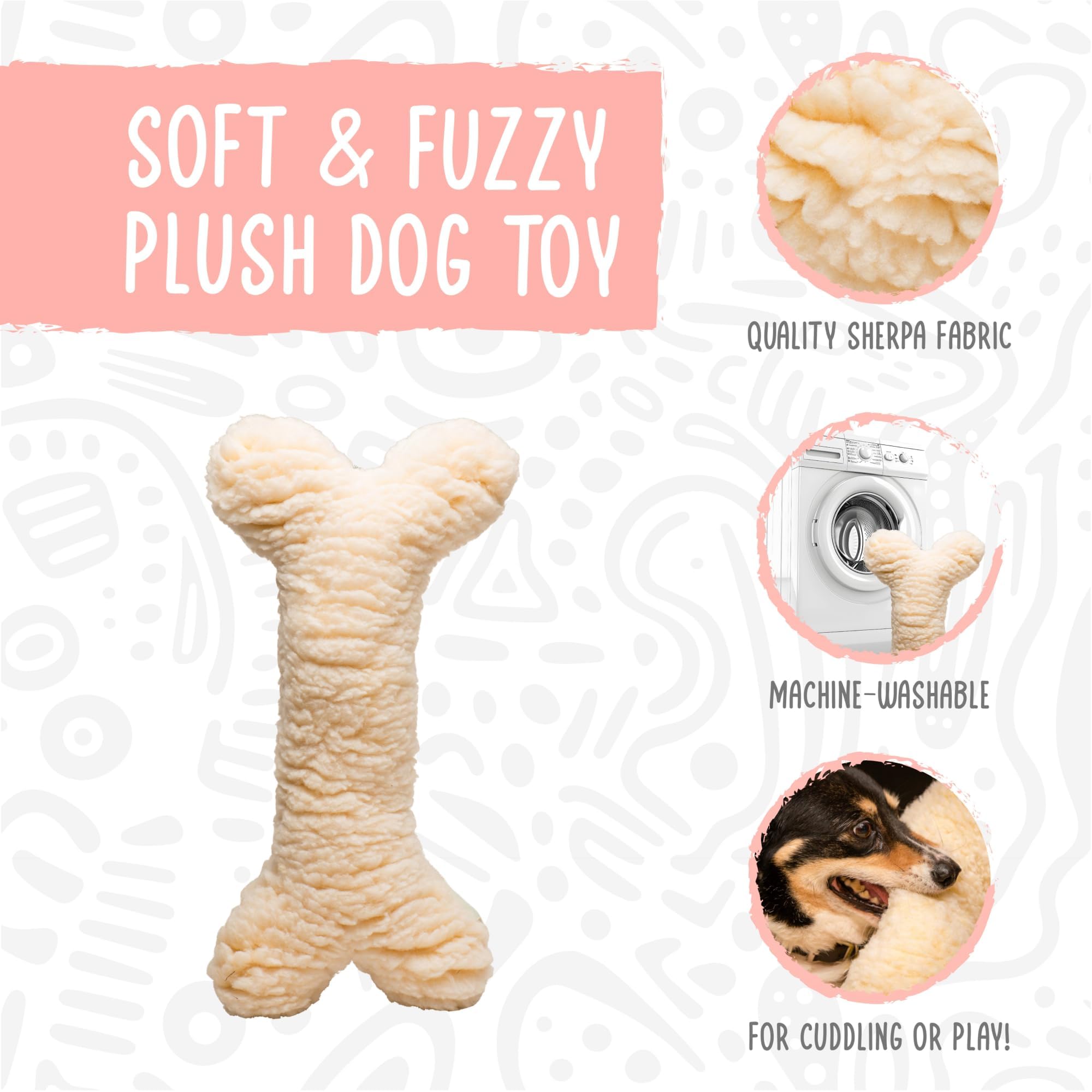 HuggleHounds Plush Bone Dog Toy - Dog Fuzzy Bone Toy, Soft Fleece, Durable Stuffed Dog Toy for Large Breeds, Puppies, Faux Sheep