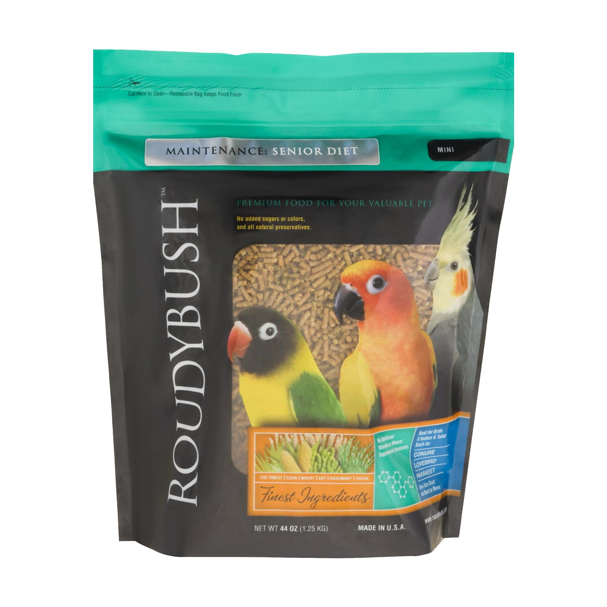 RoudyBush Senior Diet for Adult Birds, Formulated Bird Food Pellets with Corn, Wheat, Soy, Healthy Specialized Nutrition for Agi