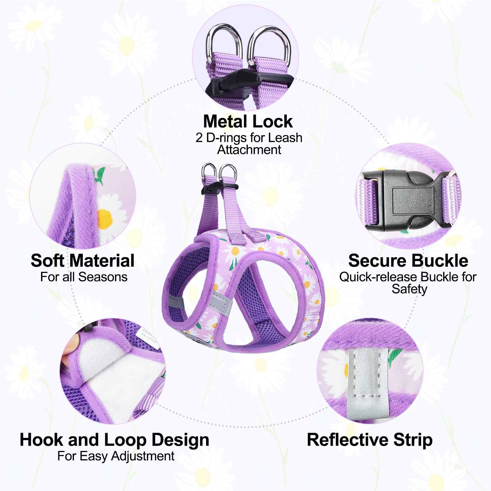 Beautyzoo Step In Dog Harness And Leash Set, Floral Pattern Reflective Dog Harness No Pull No Choke Puppy Harness For Xxs Xs S Dogs Cats, Soft Padded Mesh Vest Harnesses For Girl And Boy Pets