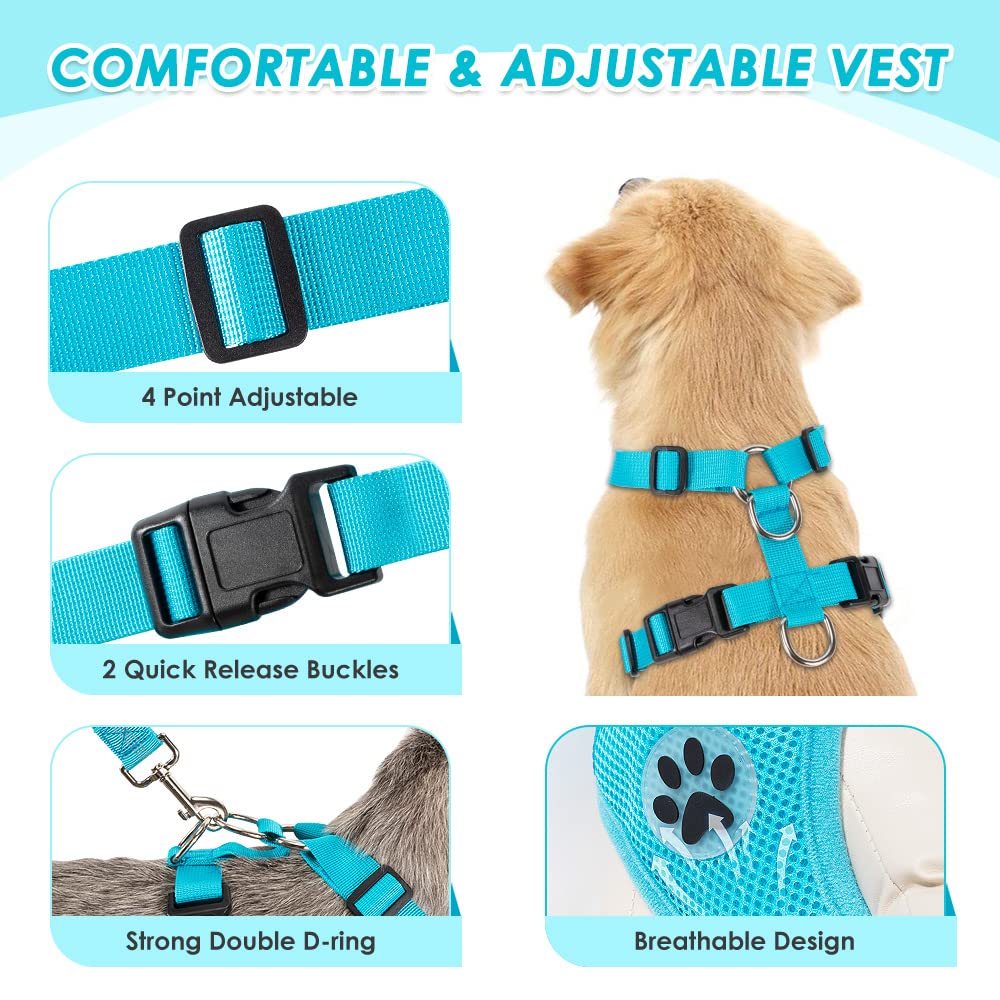 Slowton Dog Car Harness Seat Belt Set, Dog Vest Harness Adjustable Mesh Breathable & Vehicle Safety Seatbelt Tether With Elastic Bungee For Small Medium Large Pets (Light Blue, Xs)