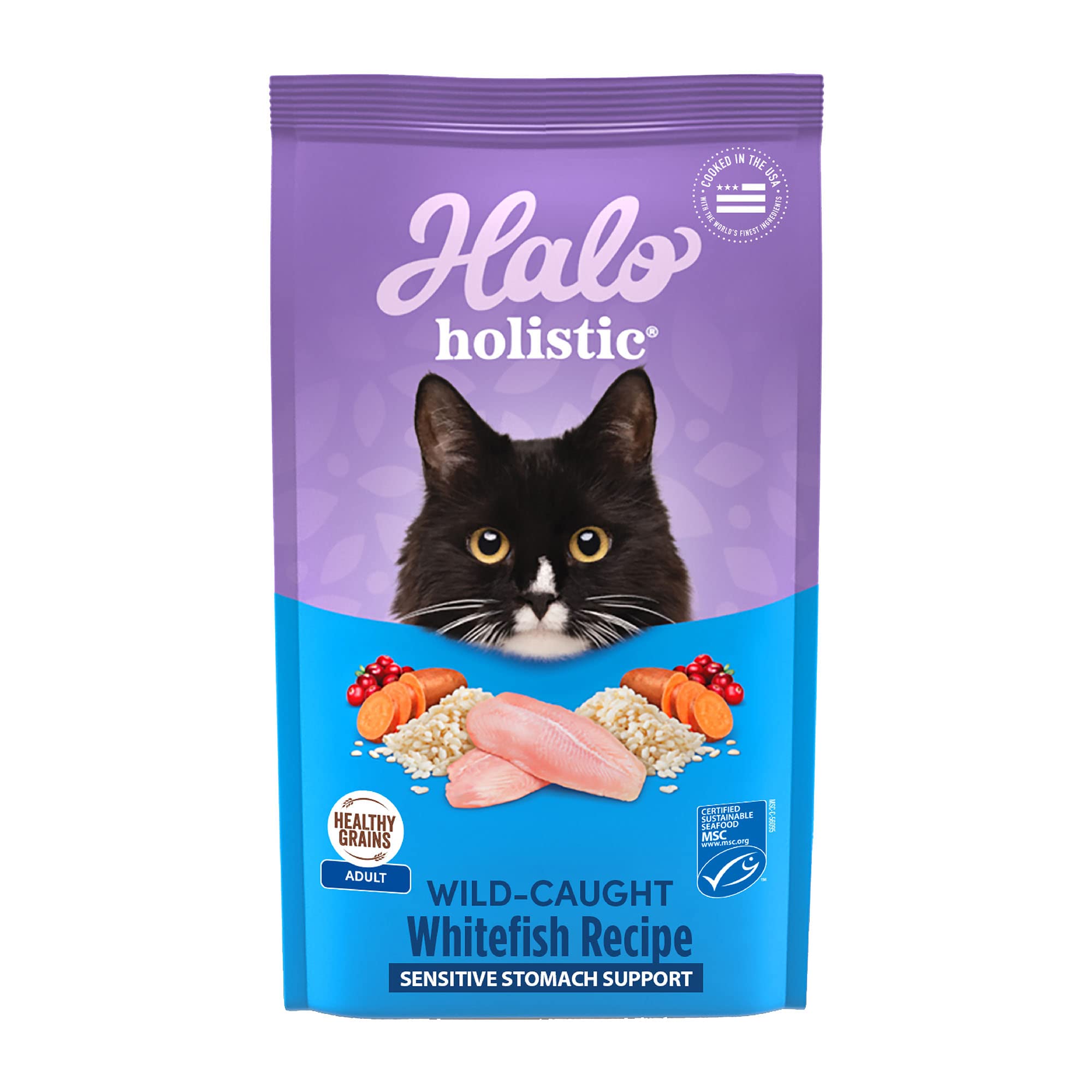Halo Holistic Cat Food Dry, Wild-caught Whitefish Recipe for Sensitive Stomach Support, Complete Digestive Health, Dry Cat Food 