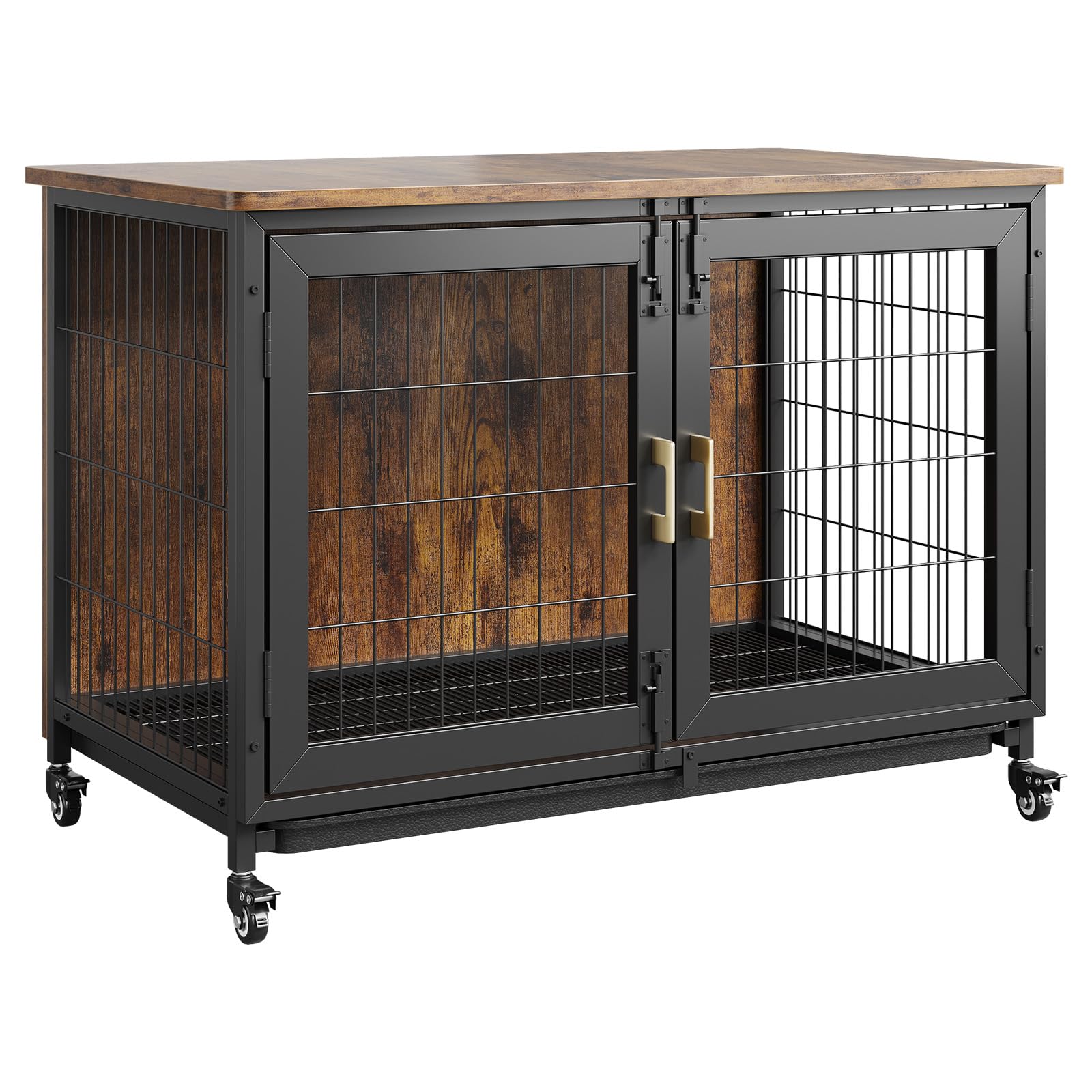 37.4 Inch Large Dog Crate Furniture, Heavy Duty Dog Kennel Furniture with Wheels, Grid Base, Removable Base, Decorative Dog Cage