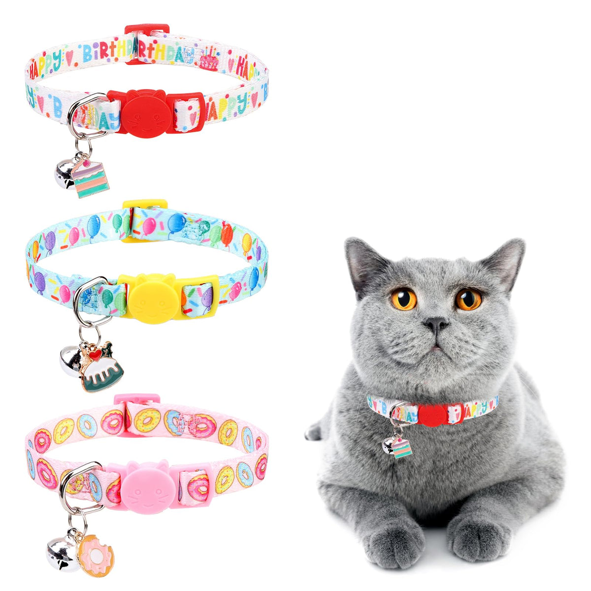 Dillybud Breakaway Cat Collar With Bells & Pendants, 3 Pack Cute Birthday Cat Collars For Girl Boy Cats, Safety Adjustable Kitte