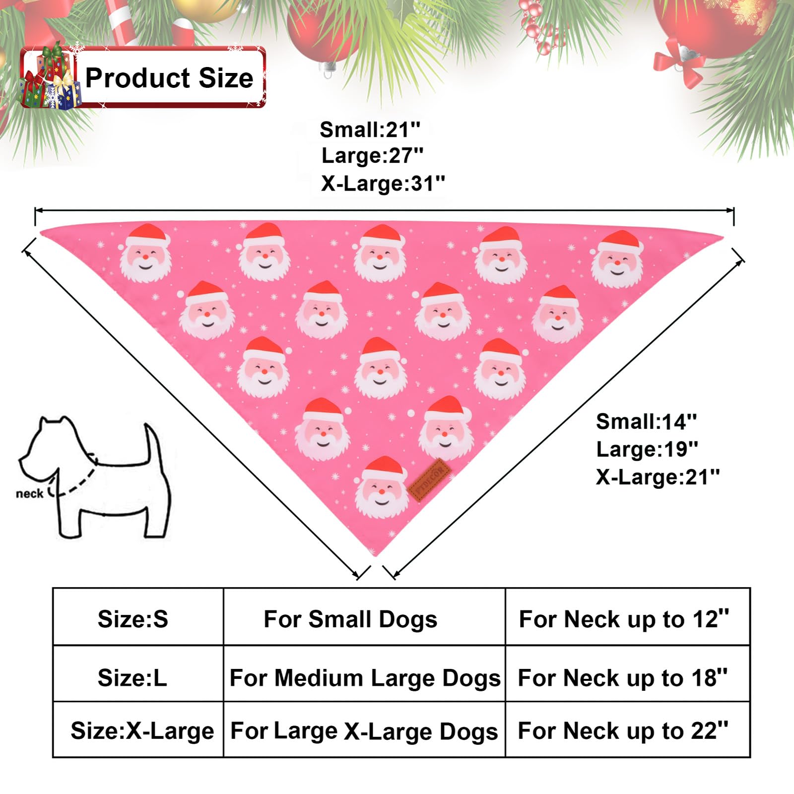 Ptdecor Christmas Dog Bandana,Xmas Pink Scarf Santa Deer Reversible Holiday Dog Scarf, Female Christmas Bandanas For Medium Larg