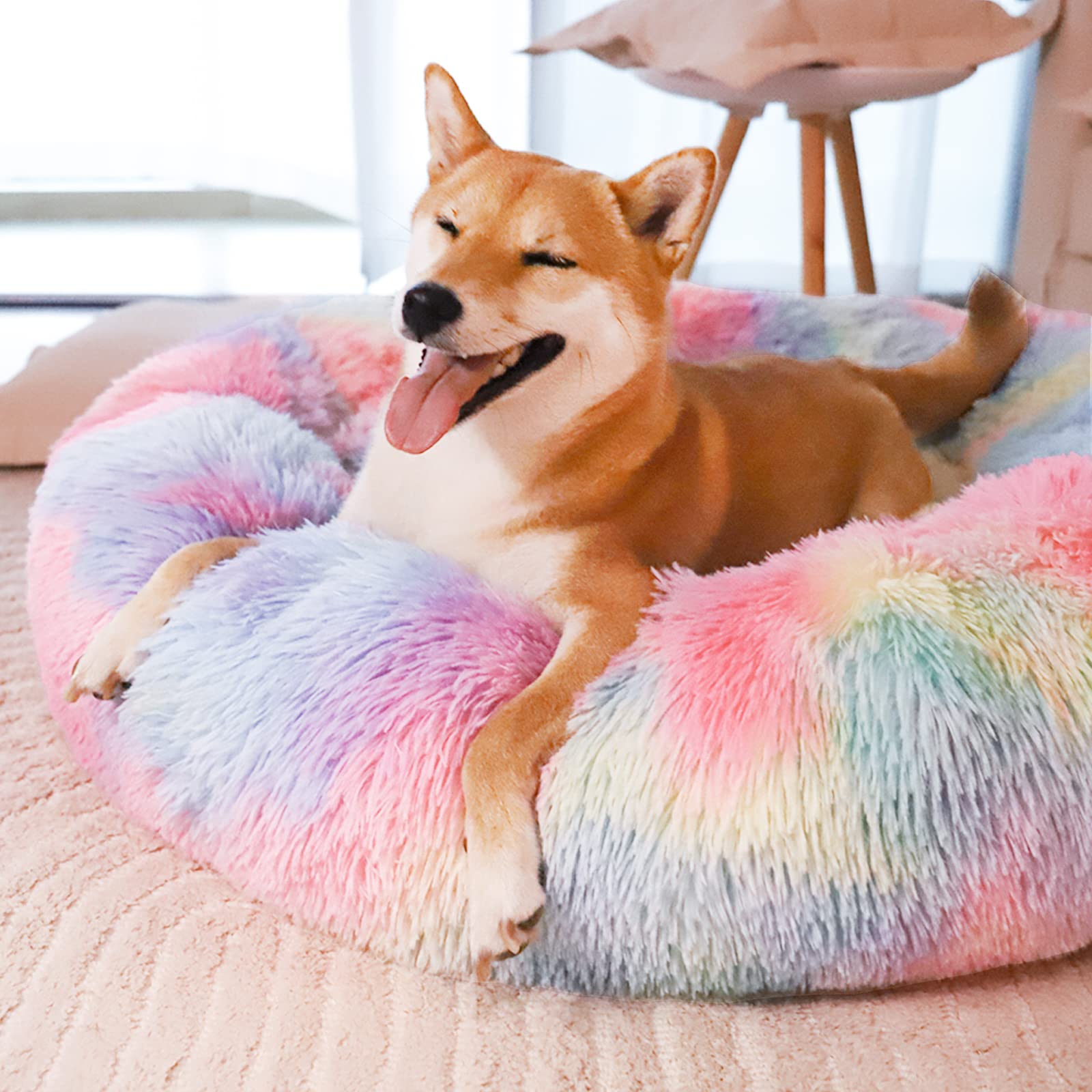 Patas Lague Calming Dog Bed For Small Dogs, Fluffy Soft Cozy Cat Bed, Faux Fur Anti-Anxiety Plush Donut Cuddler, Washable Pet Bed For All Seasons (20 In, Mixed Rainbow)