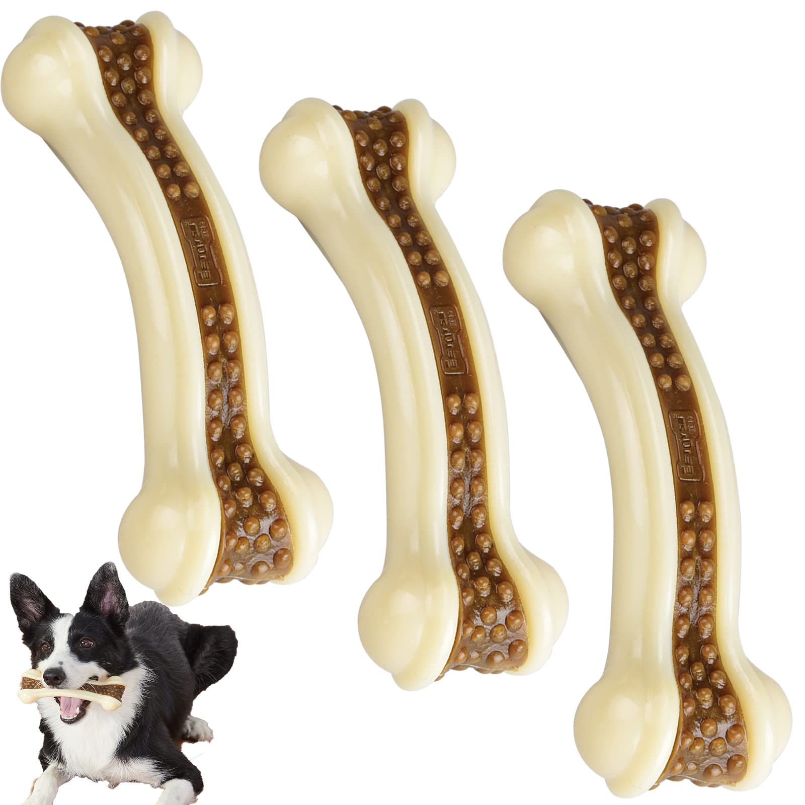 BETTEPROD Dog Chew Toys for Aggressive Chewers Large Breed, 3 Pack Real Beef Flavor,Indestructible Dog Teething Chew Toys for La