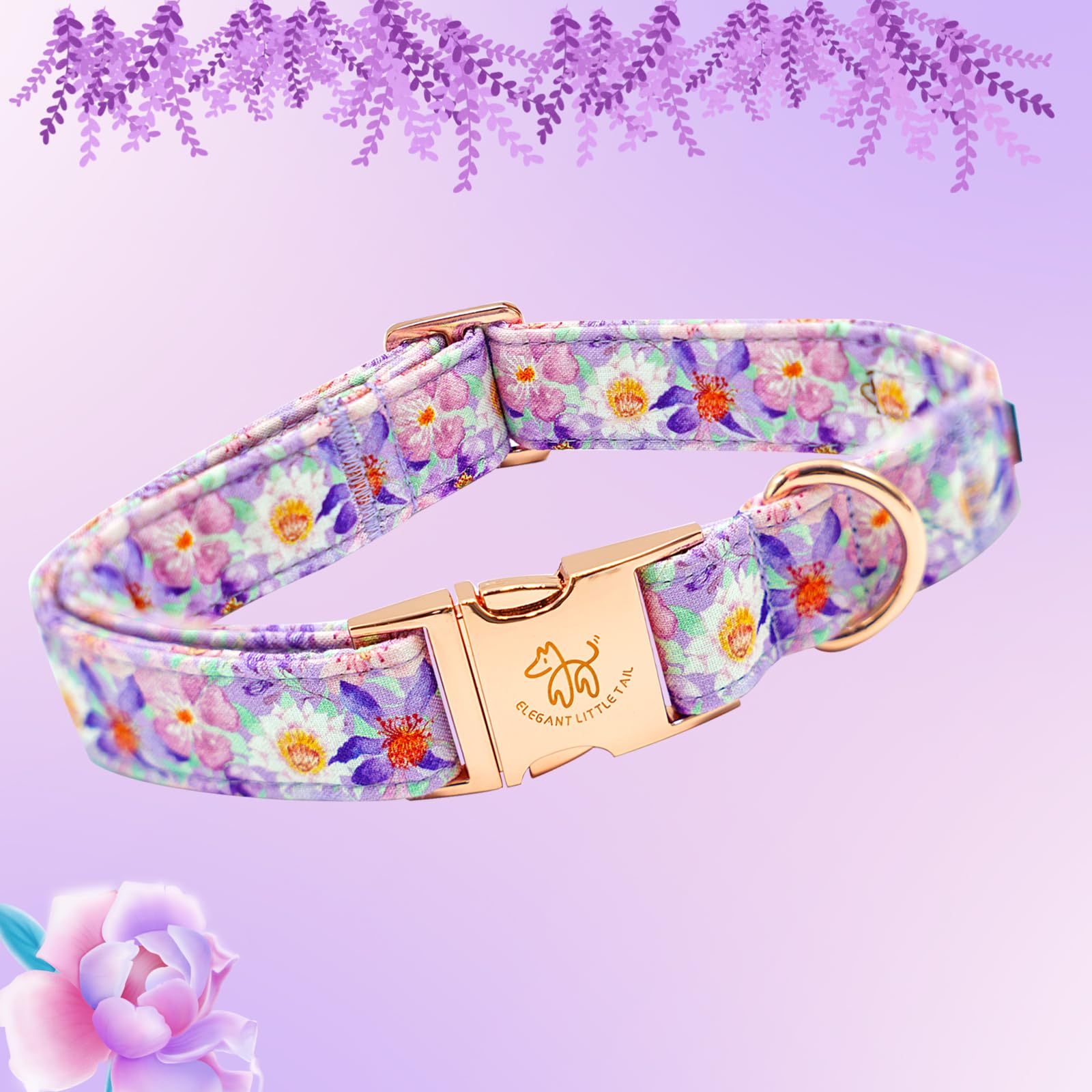 Elegant Little Tail Purple Floral Print Summer Dog Collar - Cotton, Durable, Metal Buckle For Large Dogs
