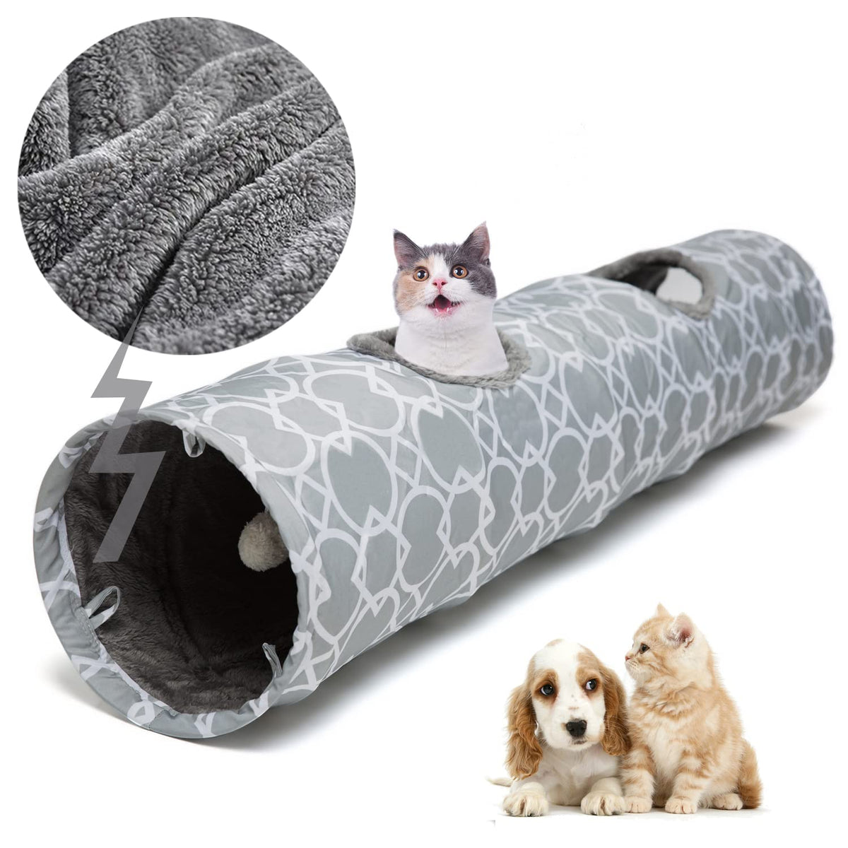 Luckitty Geometric Straight Cat Tunnel With Plush Inside,Cats Toys Collapsible Tunnel Tube With Balls, For Rabbits, Kittens, Fer