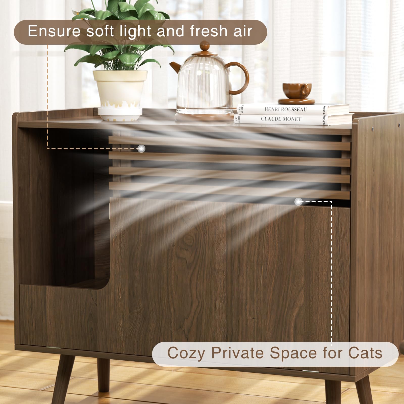 Halitaa Mid-Century Modern Hidden Litter Box Furniture With Cat Scratch Pad, Flip-Down Opening Litter Box Cabinet Cat Washroom E