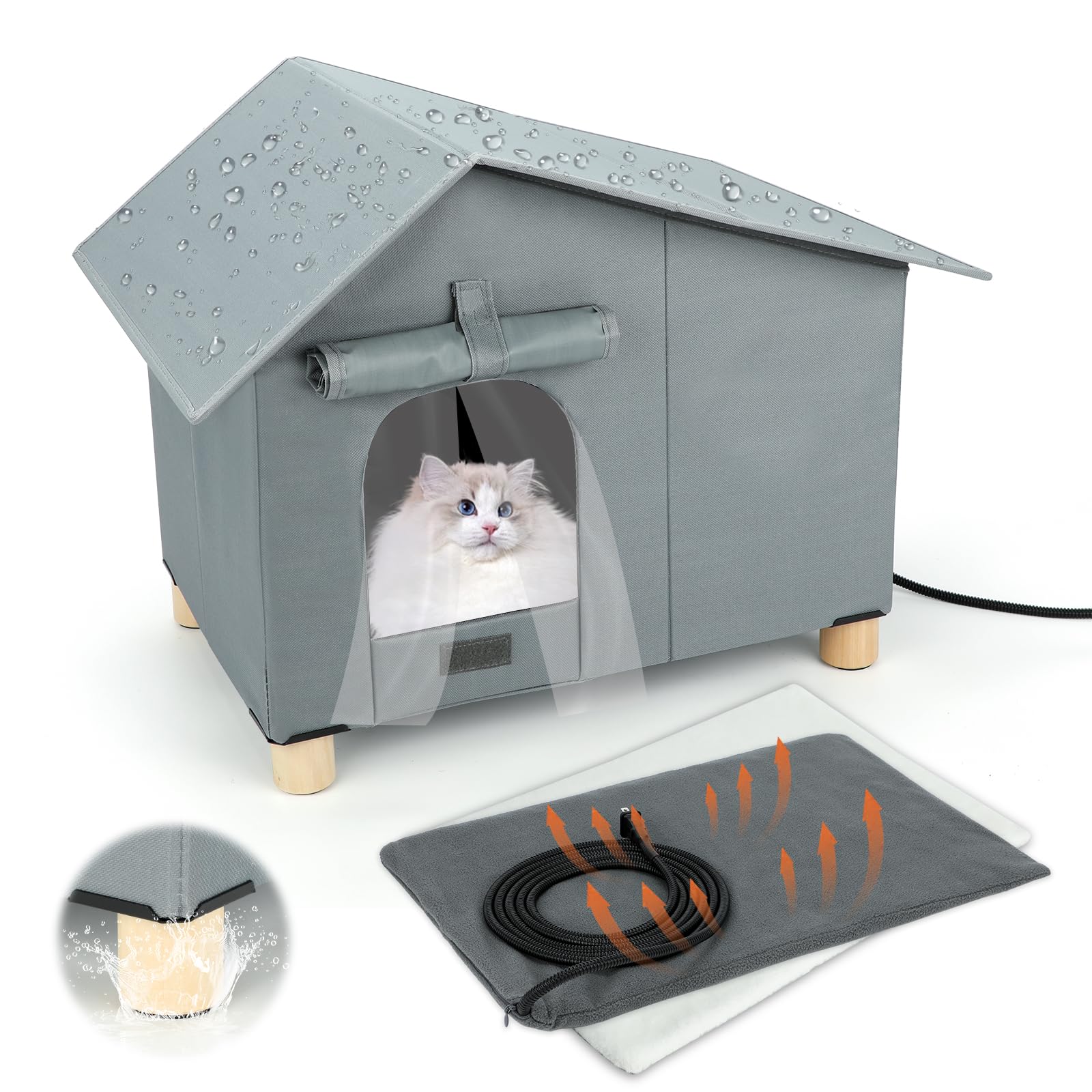 Elevated Heated Outdoor Cat House, Extra-Wide Waterproof Feral Cat Shelters for Indoor Outdoor Cats, Warm and Insulated Outside 