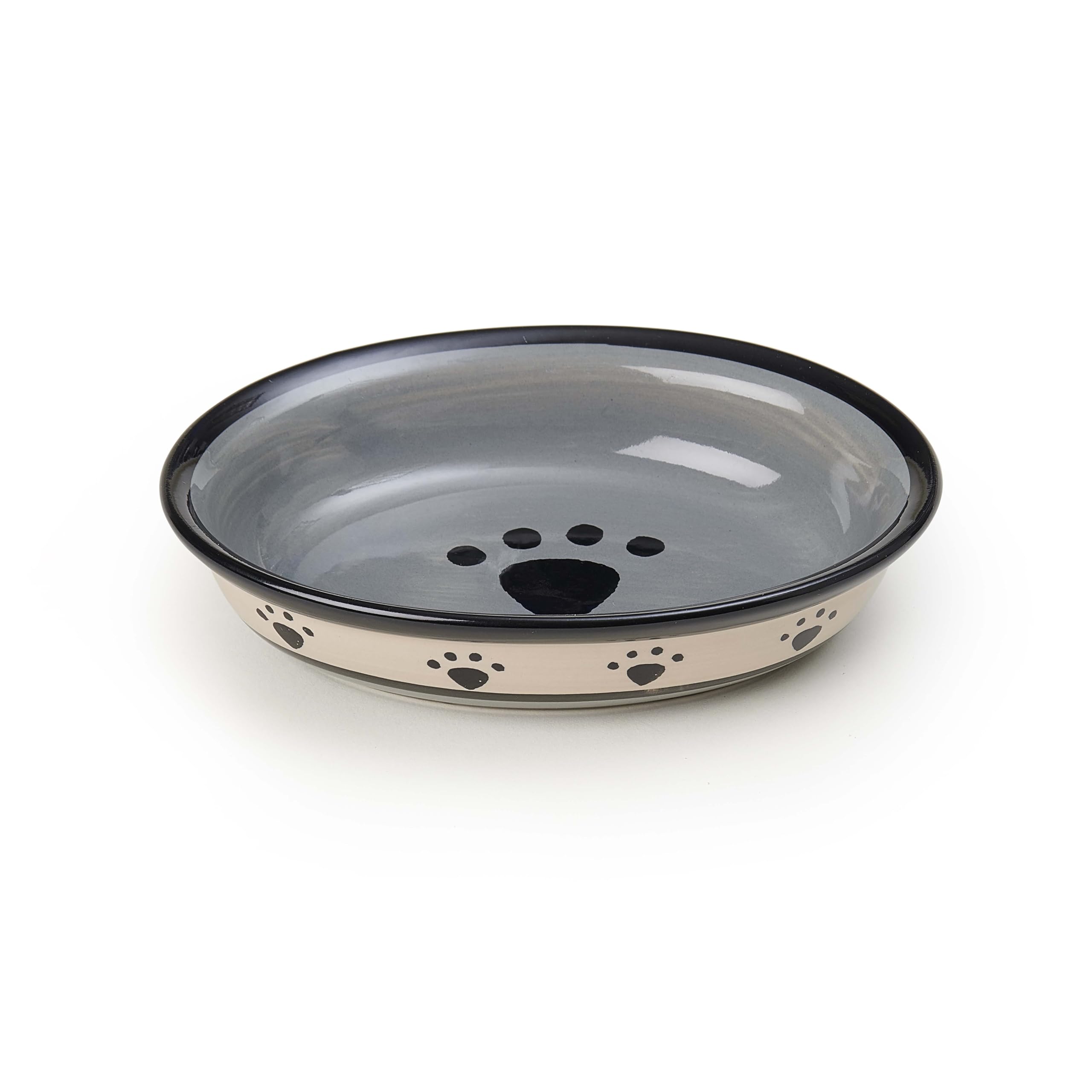 Petrageous 44247 Oval Metro Paws Stoneware Cat Bowl 6.25-Inch Wide And 1.5-Inch Tall Saucer With 1-Cup Capacity And Dishwasher And Microwave Safe For Small Dogs And Cats, Multicolored,Black