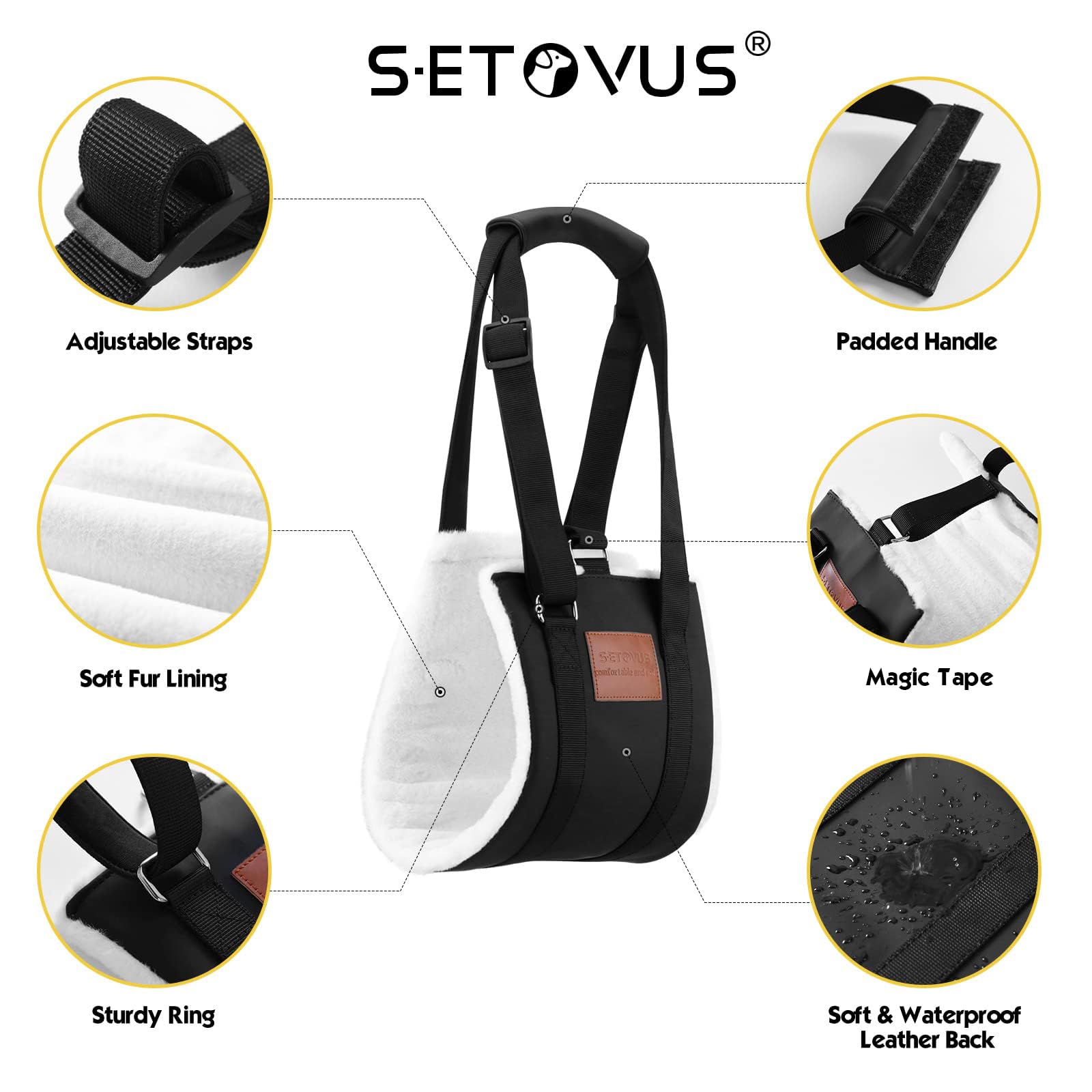 S-ETOVUS Dog Sling for Back Legs, Velcro Harness, Small, Black, Faux Rabbit Fur, GDD-01-YY, Hind Leg Support for Large Dogs