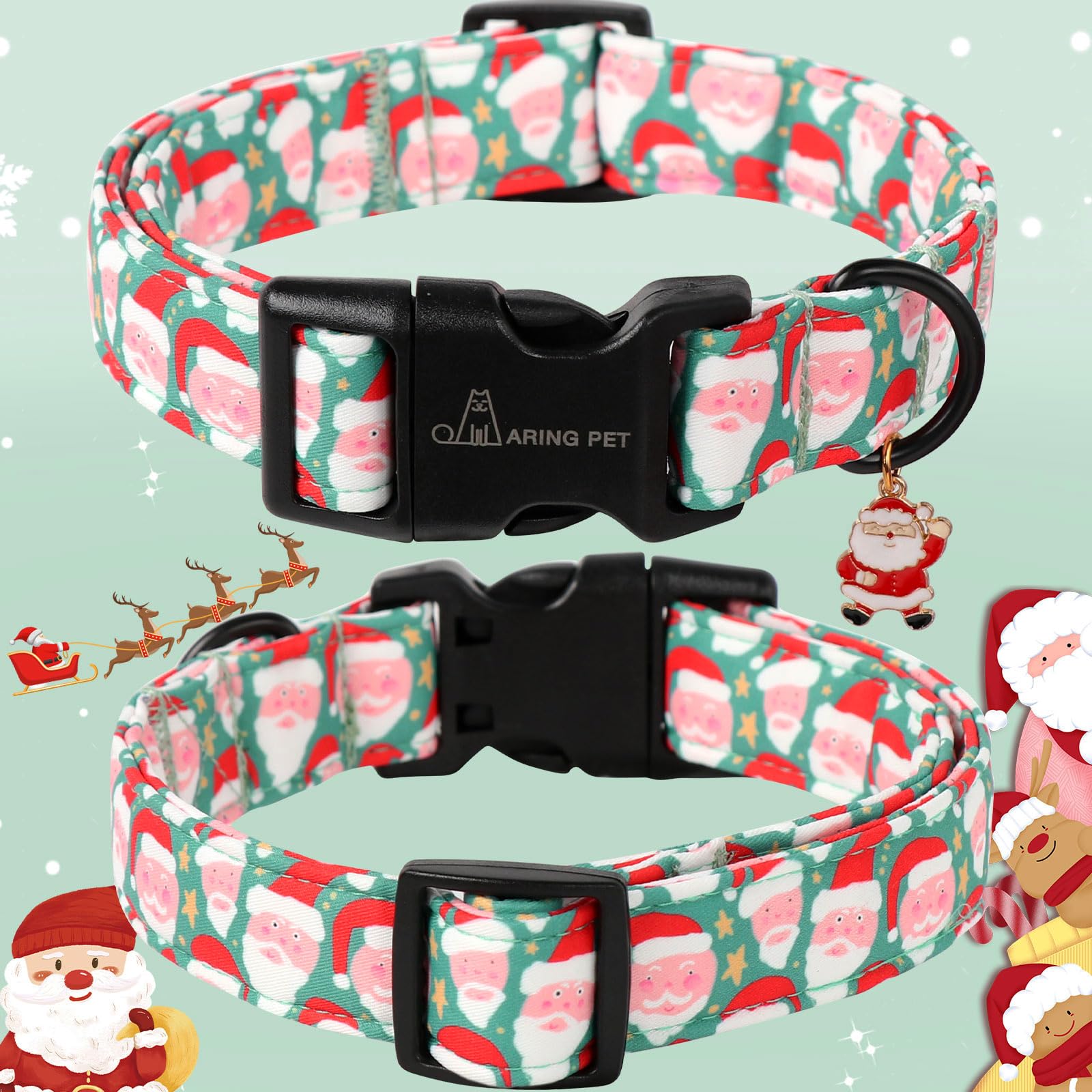Aring Pet Christmas Dog Collar-Cute Green Santa Claus Dog Collars, Adjustable Christmas Pet Collars Puppy Collar With Quick Rele