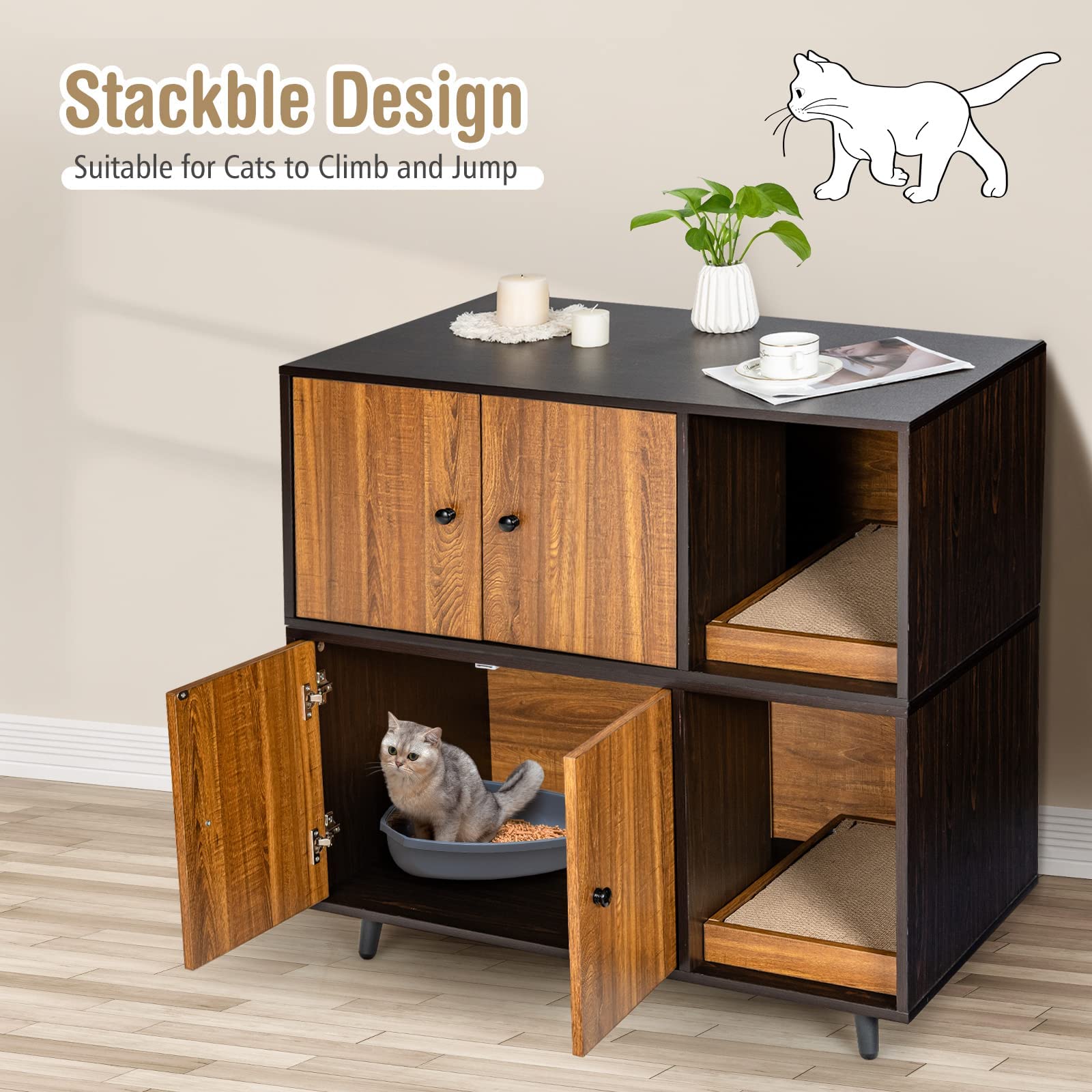 Petsite Cat Litter Box Enclosure, Wooden Hidden Cat Washroom Furniture With Divider & Cat Scratcher, Stackable Pet House End Table