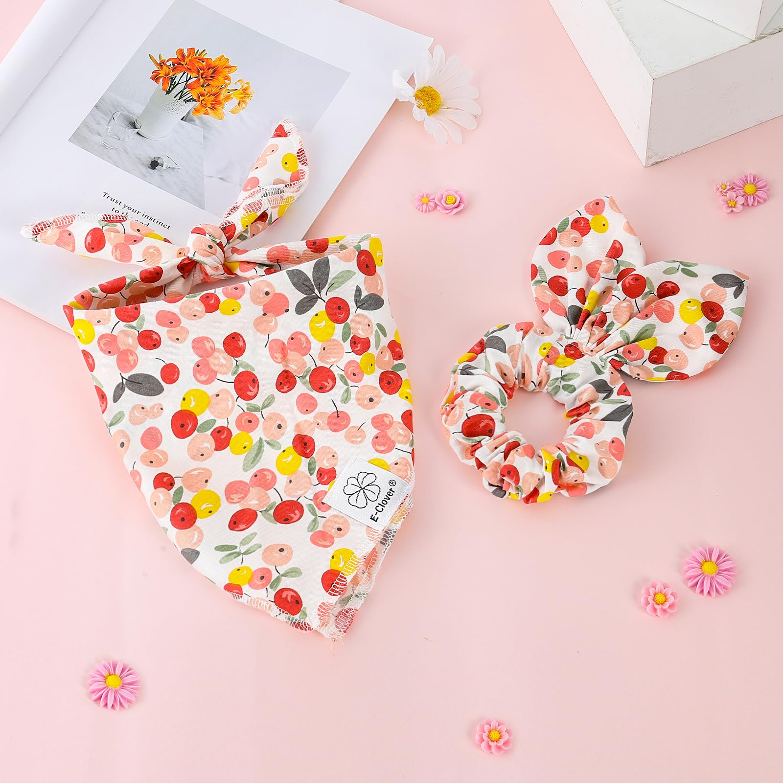 E-Clover Pink Floral Dog Bandanas & Matching Scrunchie Set Cute Dog Scarf Bibs Pet Bandana With Bow Tie For Medium Large Dogs Ow