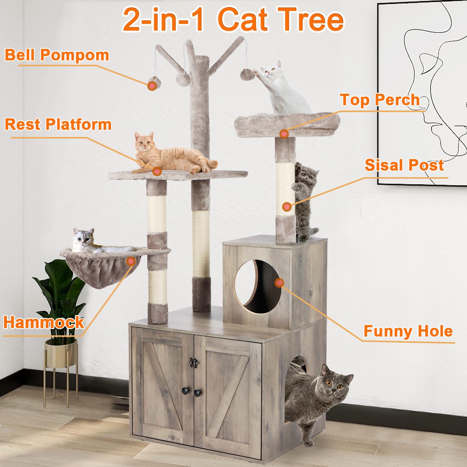 Timberer Litter Box Enclosure With Cat Tree, 2-In-1 Cat Tree Tower, Hidden Cat Litter Box Furniture With Scratching Post, Modern