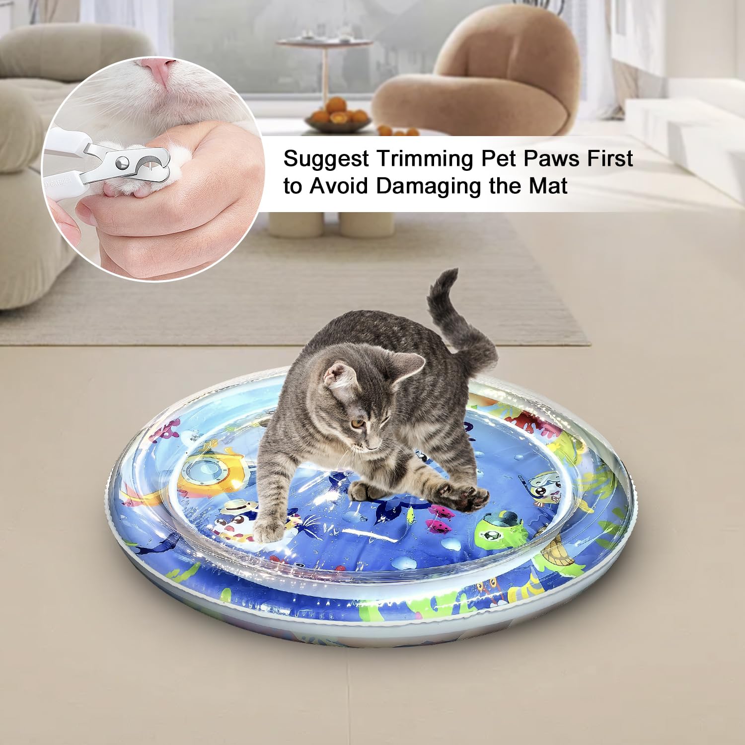 Pet Cooling Water Mat, [2025 Upgraded Two Layers & Thickened] Cat Dog Pad, Ocean Themed Round Sensory, Non-Slip Playmat, Floatin