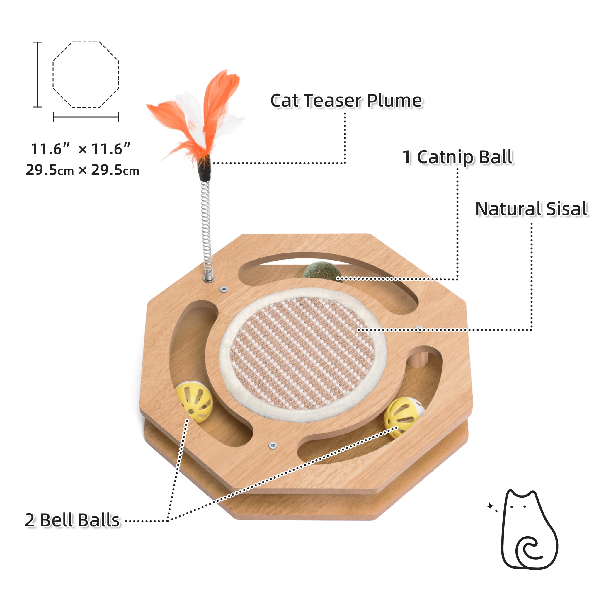 Fantasreen Interactive Toy Cat Scratcher, Sisal Scratching Pad, Kitten Toy Wood with Bell Ball Track, Feather Teaser for Mental
