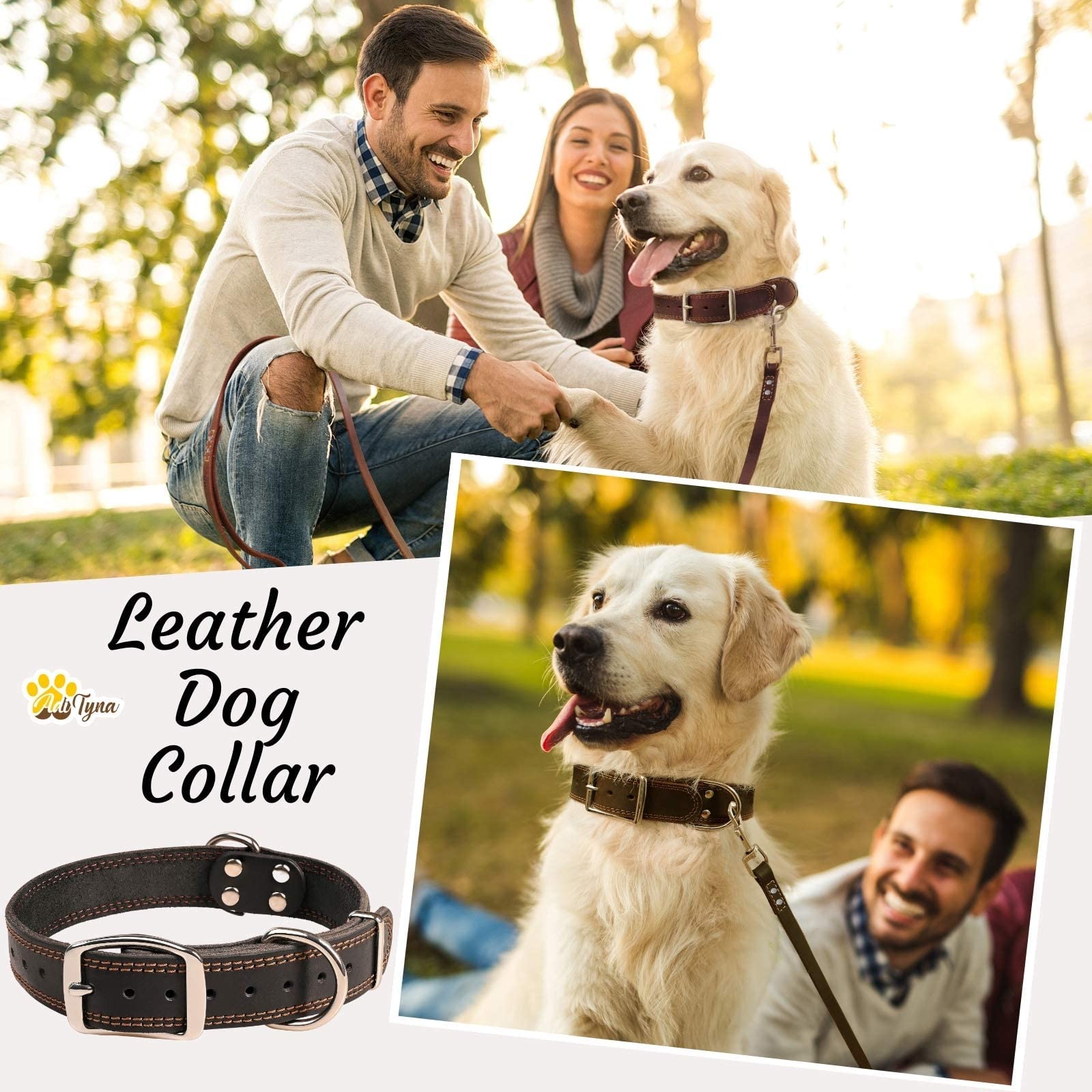 Adityna Heavy Duty Leather Dog Collar For Large Dogs - Black Large Dog Collar - Soft And Strong, 100% Genuine Leather (Large, Black)